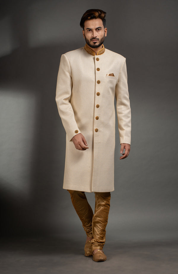 HAMSAFAR Men’s Cream Golden Poly Viscose  Sherwani