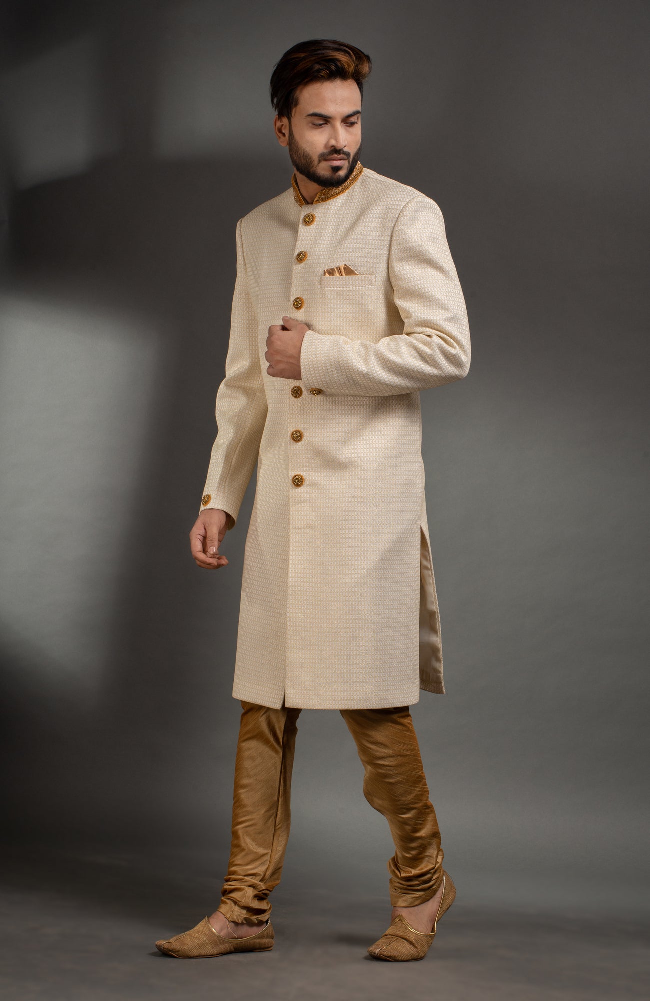 HAMSAFAR Men’s Cream Golden Poly Viscose  Sherwani