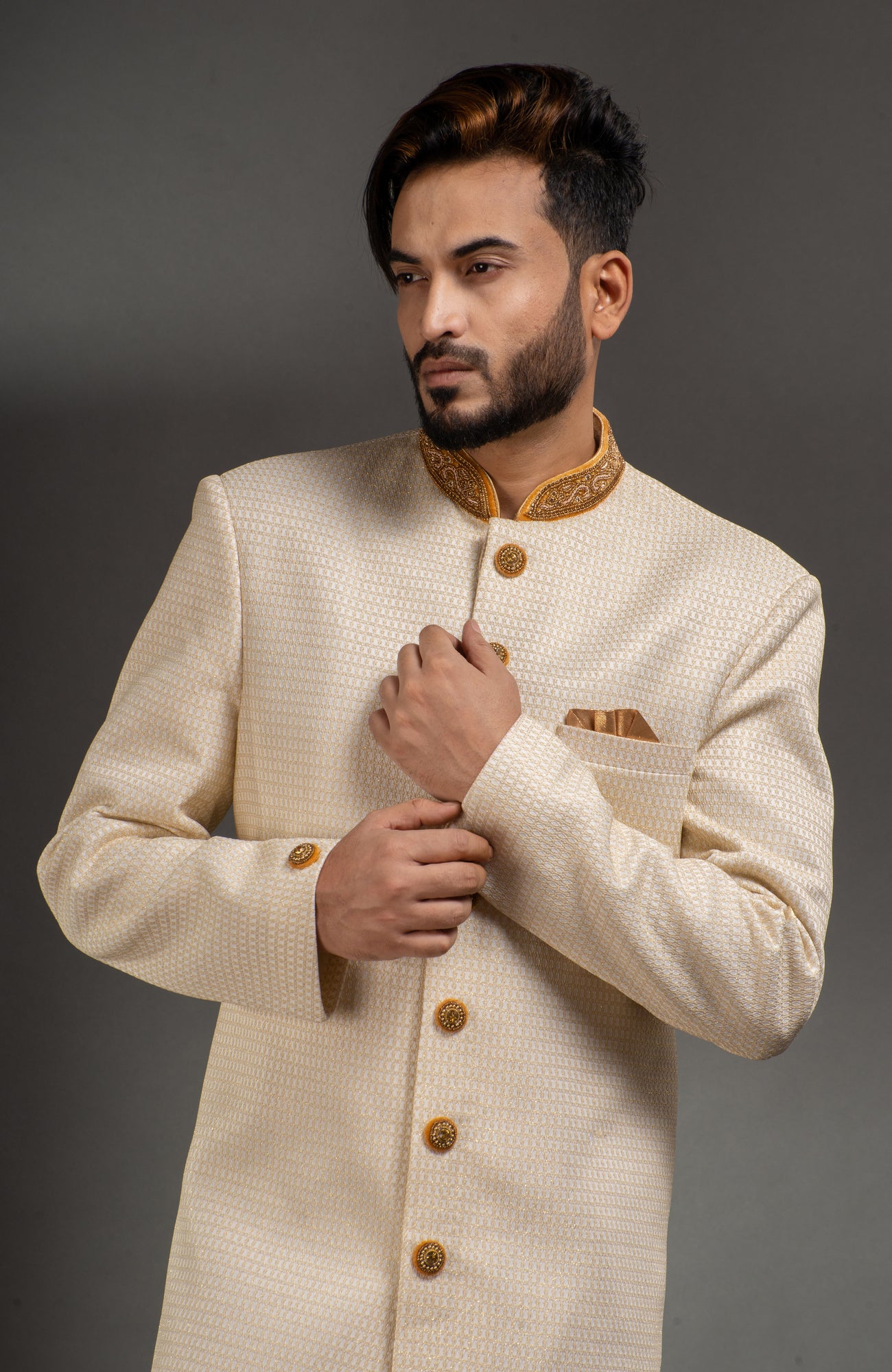 HAMSAFAR Men’s Cream Golden Poly Viscose  Sherwani