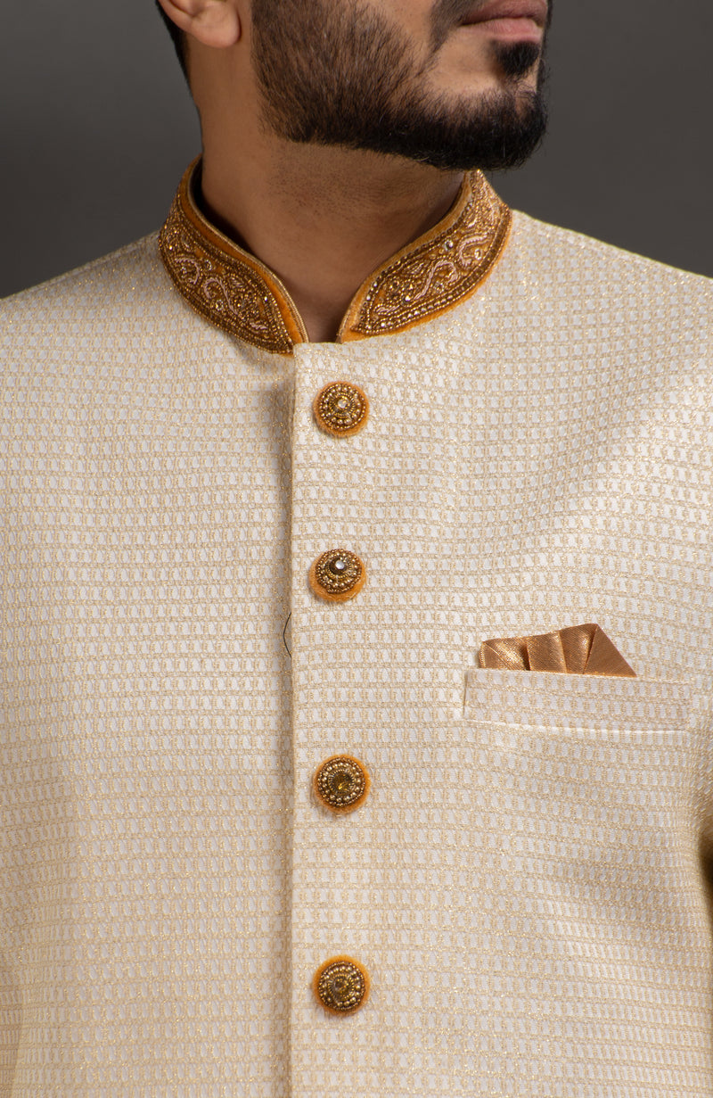 HAMSAFAR Men’s Cream Golden Poly Viscose  Sherwani