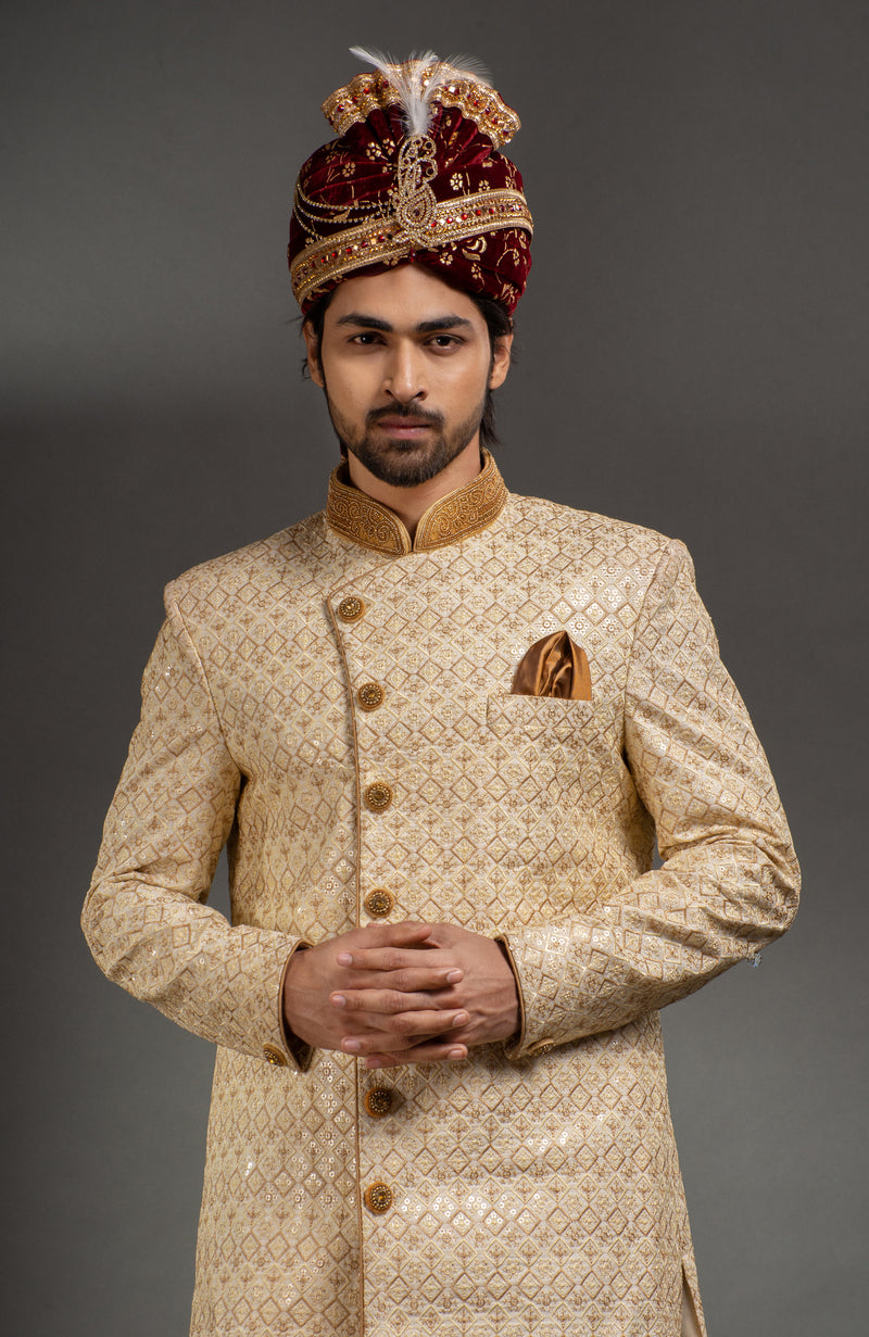 HAMSAFAR Men’s Ivory Poly Dupion Sherwani