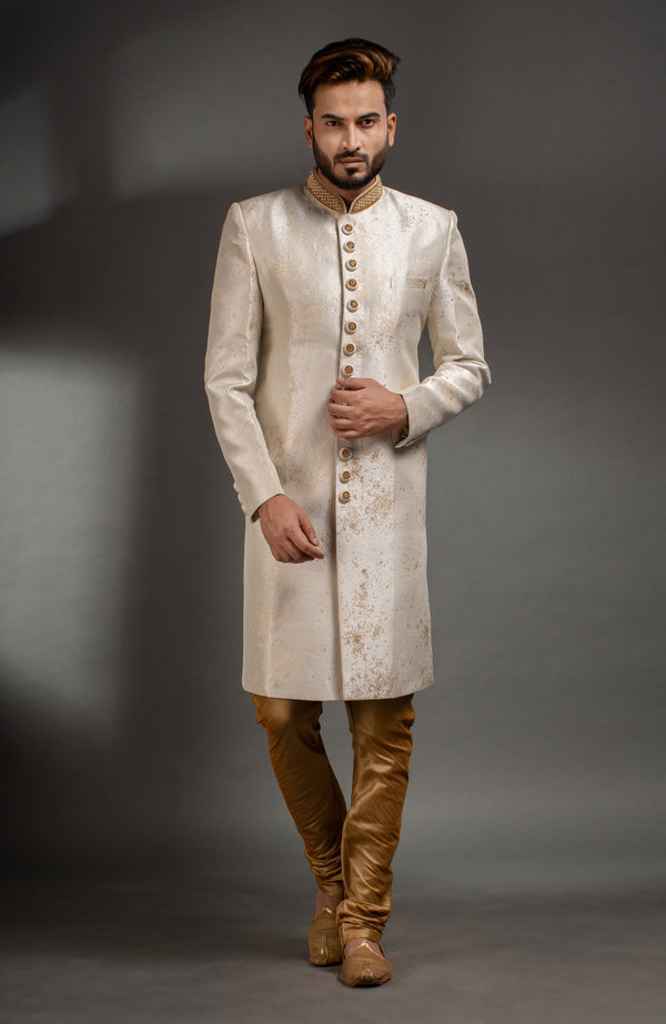 HAMSAFAR Men’s Off White Poly Viscose Sherwani