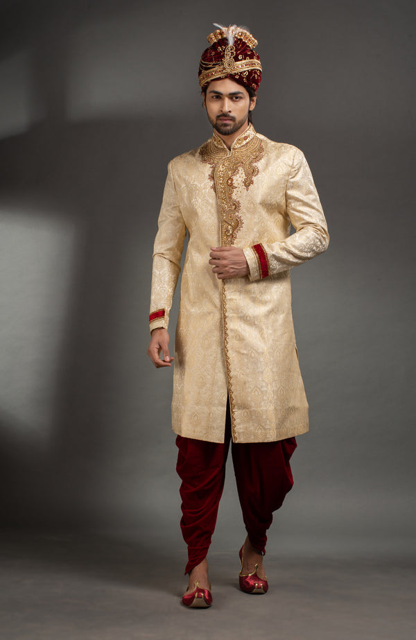 HAMSAFAR Men’s Tussar Golden Poly Jacquard Sherwani