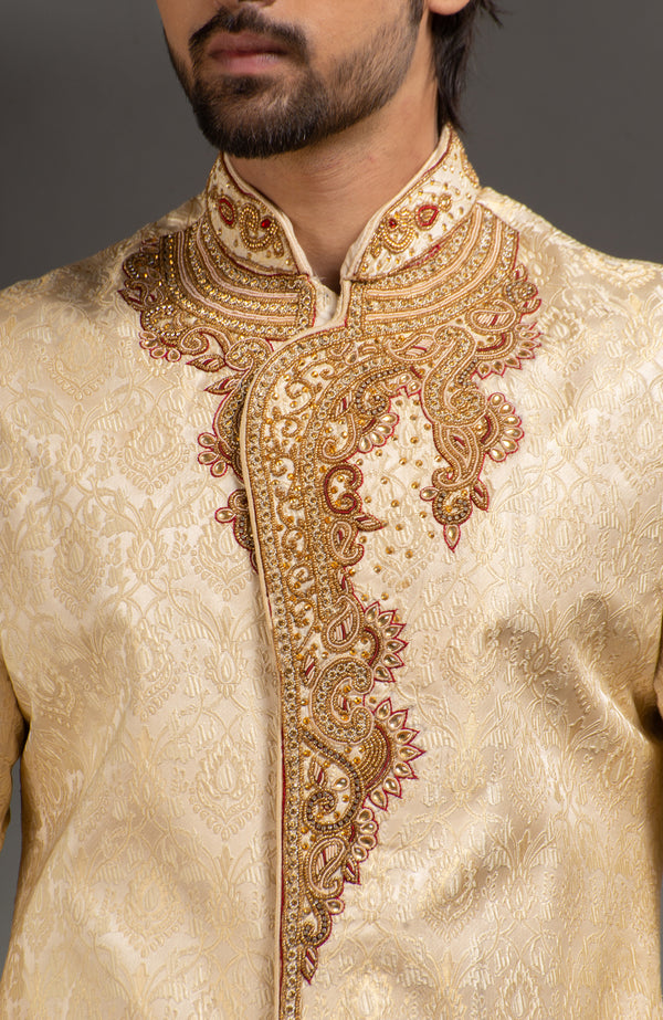 HAMSAFAR Men’s Tussar Golden Poly Jacquard Sherwani