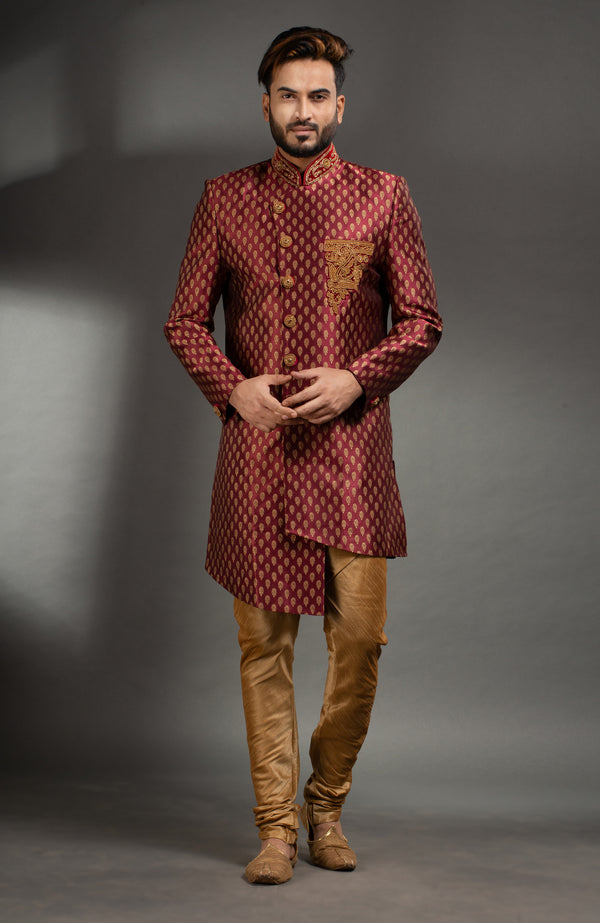 HAMSAFAR Men’s Tussar Maroon Satin Poly Jacquard Sherwani