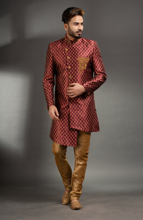 HAMSAFAR Men’s Tussar Maroon Satin Poly Jacquard Sherwani