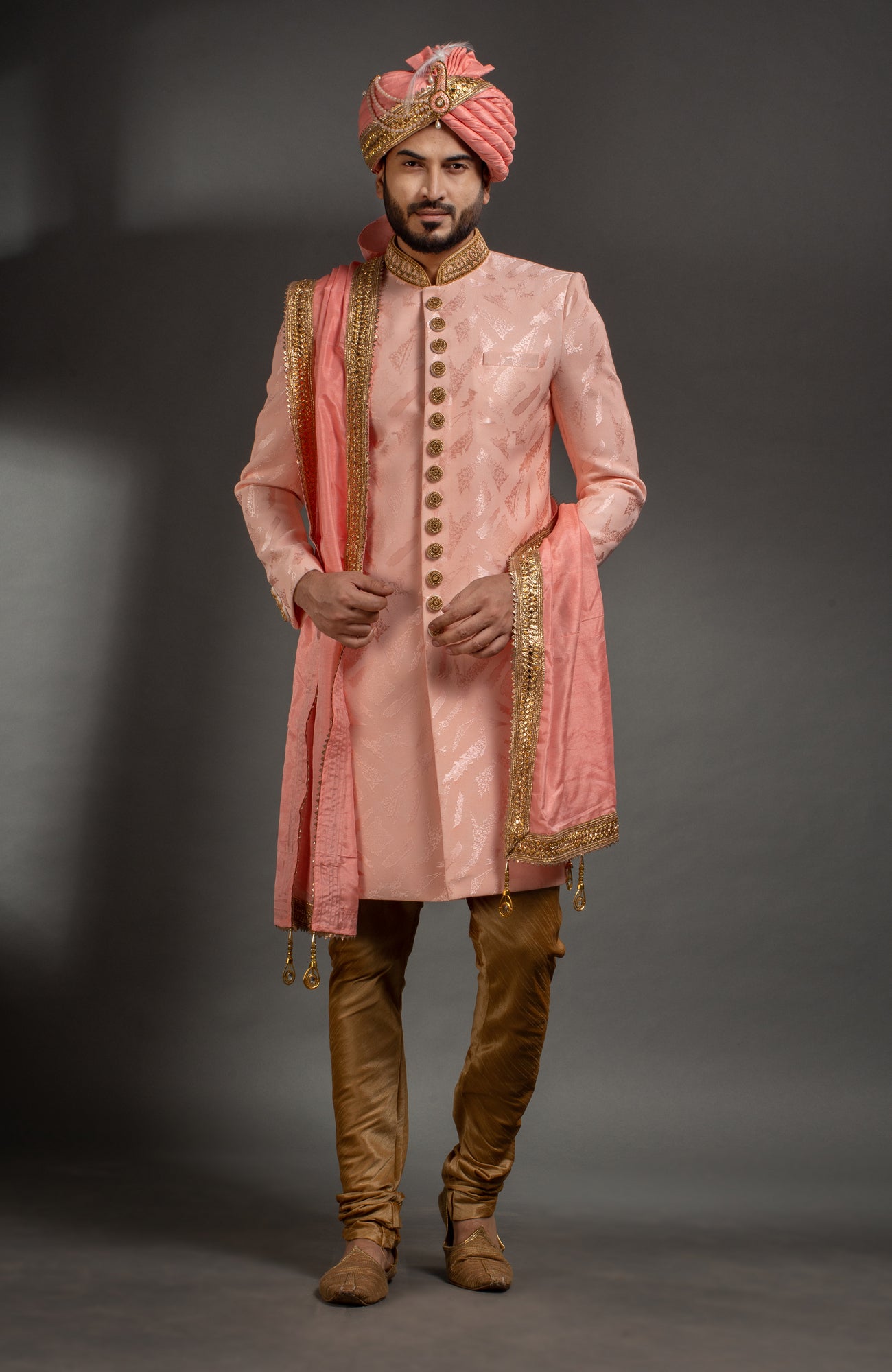 HAMSAFAR Men’s Baby Pink Net Poly Jacquard Sherwani