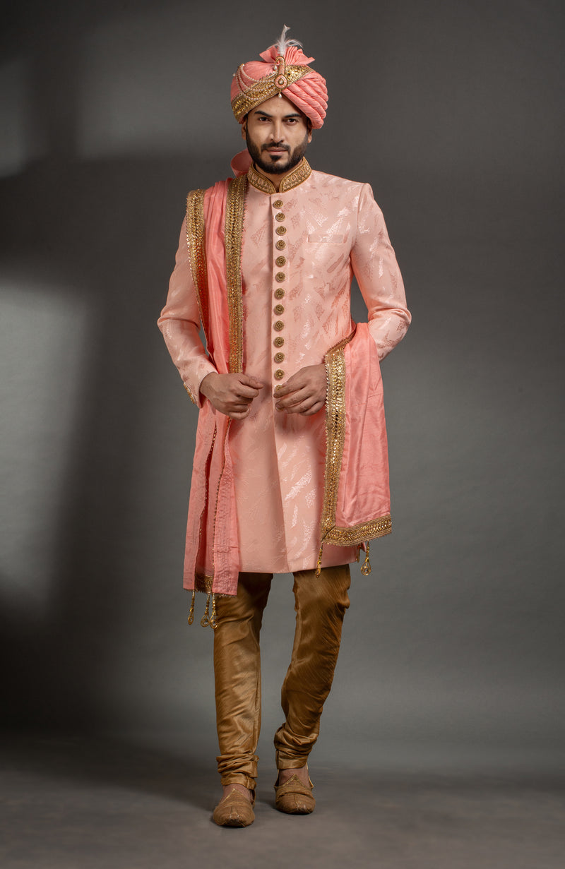 HAMSAFAR Men’s Baby Pink Net Poly Jacquard Sherwani