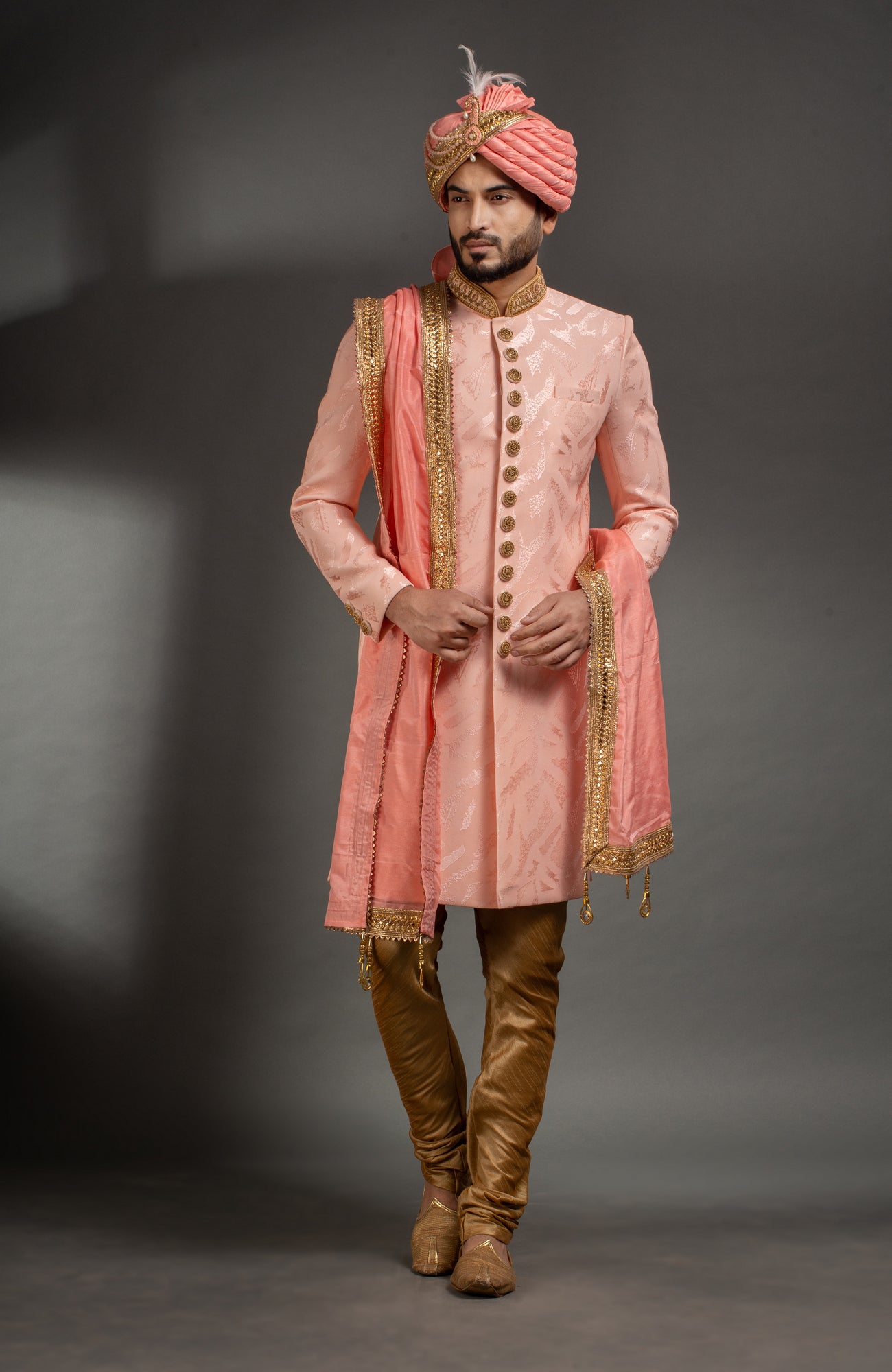 HAMSAFAR Men’s Baby Pink Net Poly Jacquard Sherwani