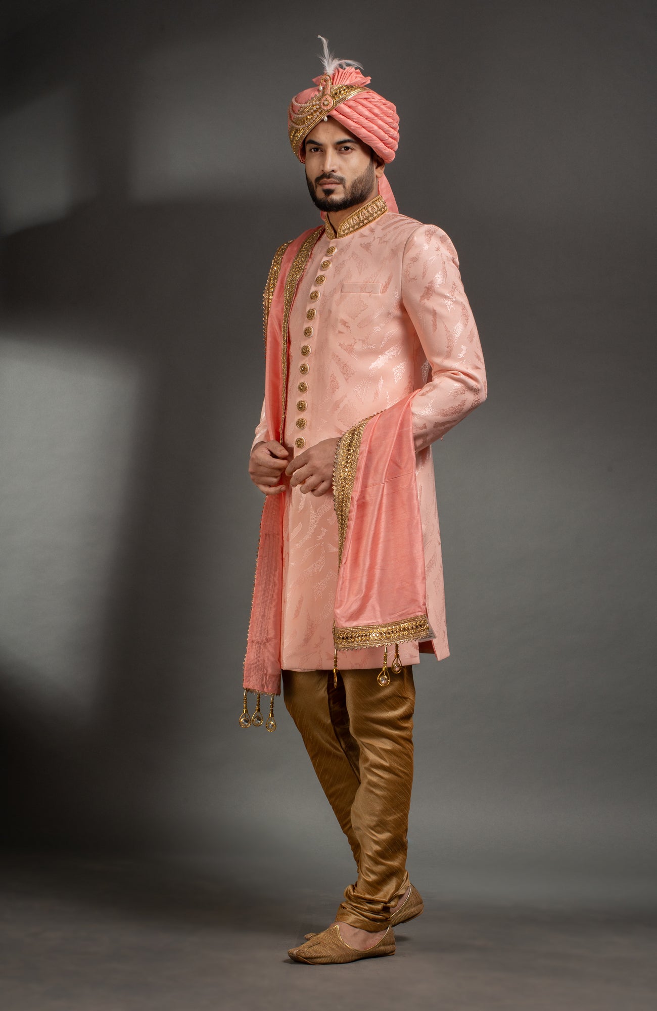 HAMSAFAR Men’s Baby Pink Net Poly Jacquard Sherwani