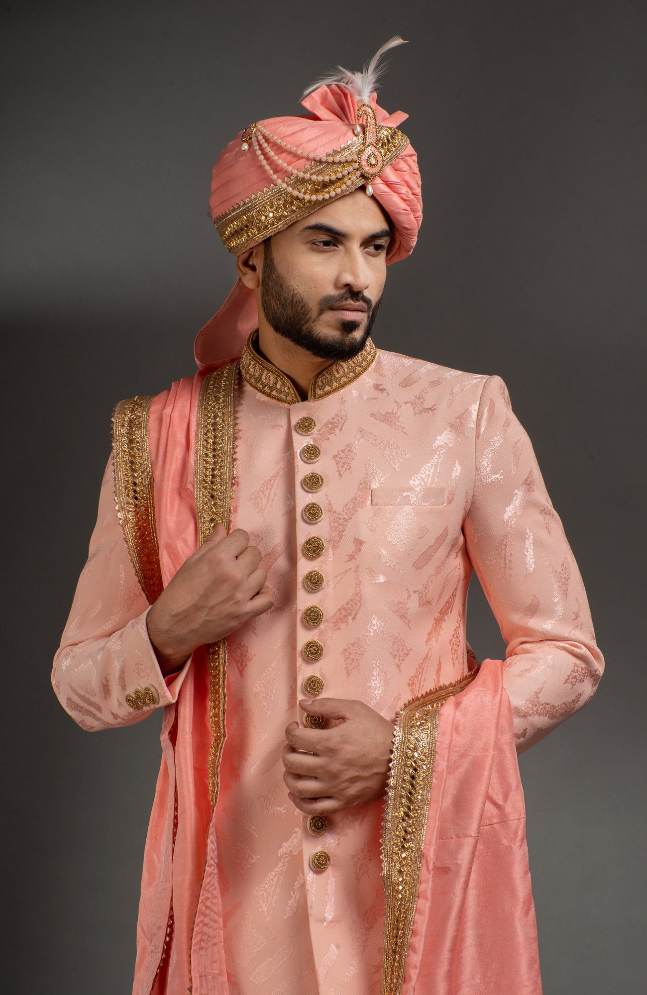 HAMSAFAR Men’s Baby Pink Net Poly Jacquard Sherwani