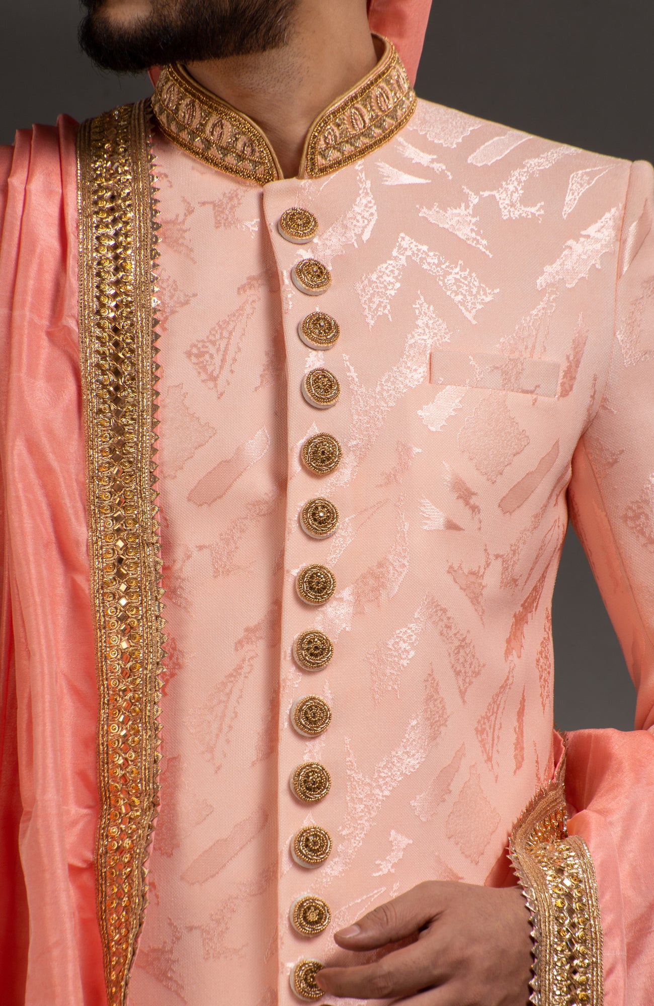 HAMSAFAR Men’s Baby Pink Net Poly Jacquard Sherwani