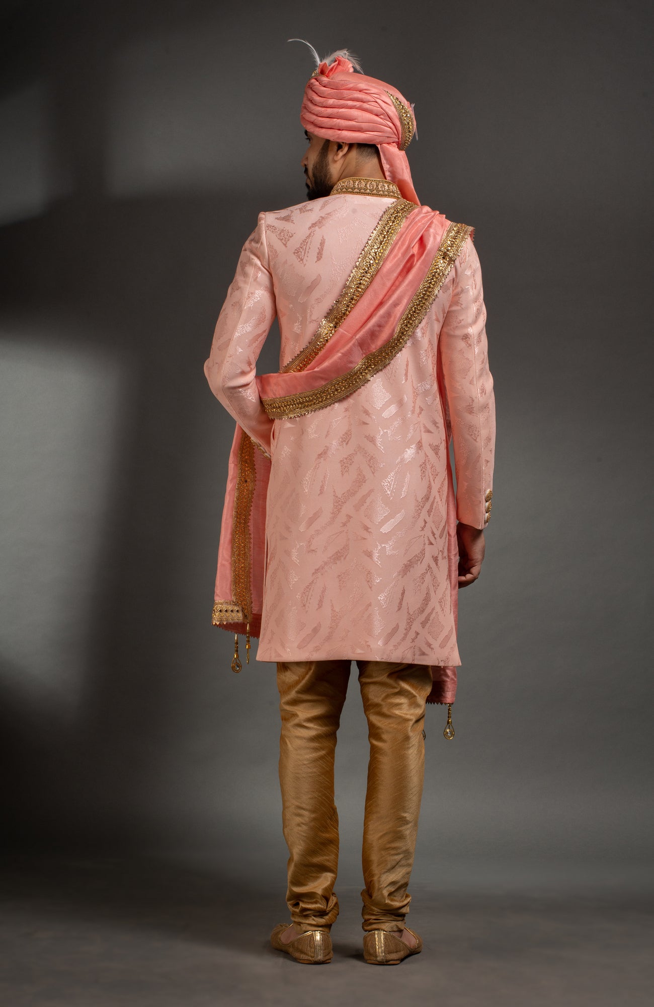 HAMSAFAR Men’s Baby Pink Net Poly Jacquard Sherwani