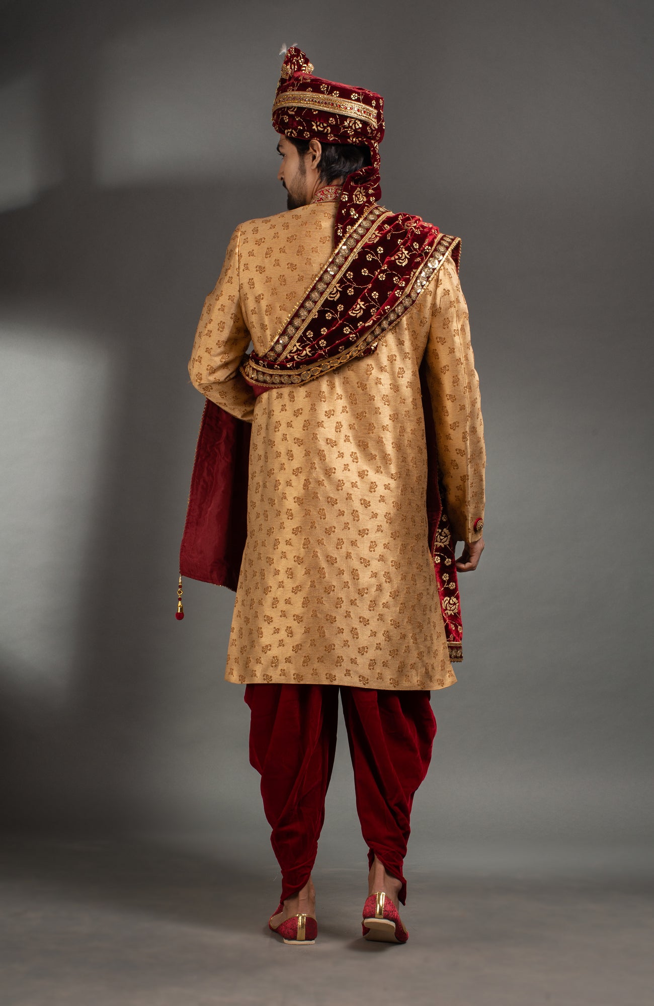 HAMSAFAR Men’s Tussar Golden Poly Jacquard Sherwani