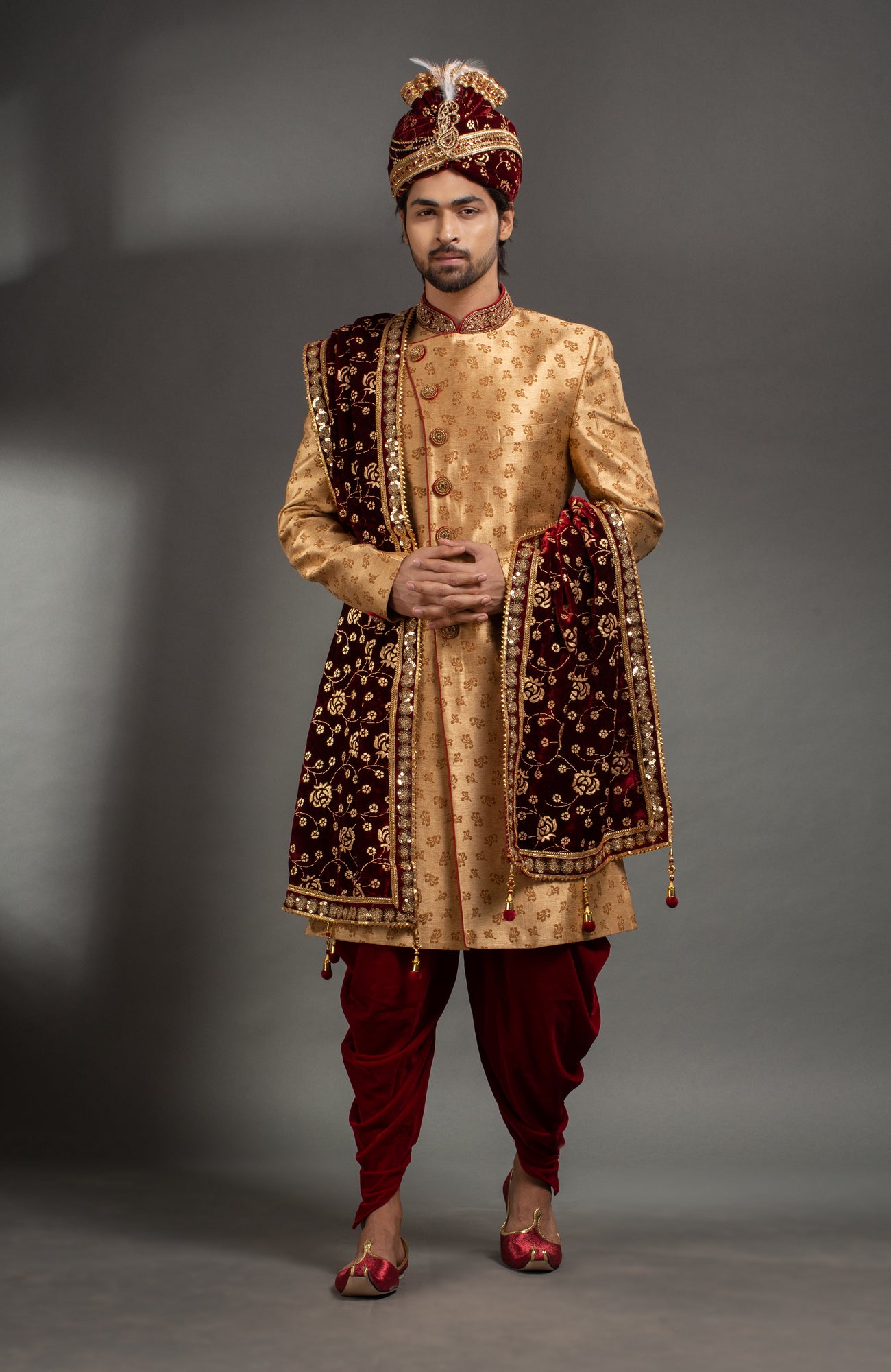 HAMSAFAR Men’s Tussar Golden Poly Jacquard Sherwani