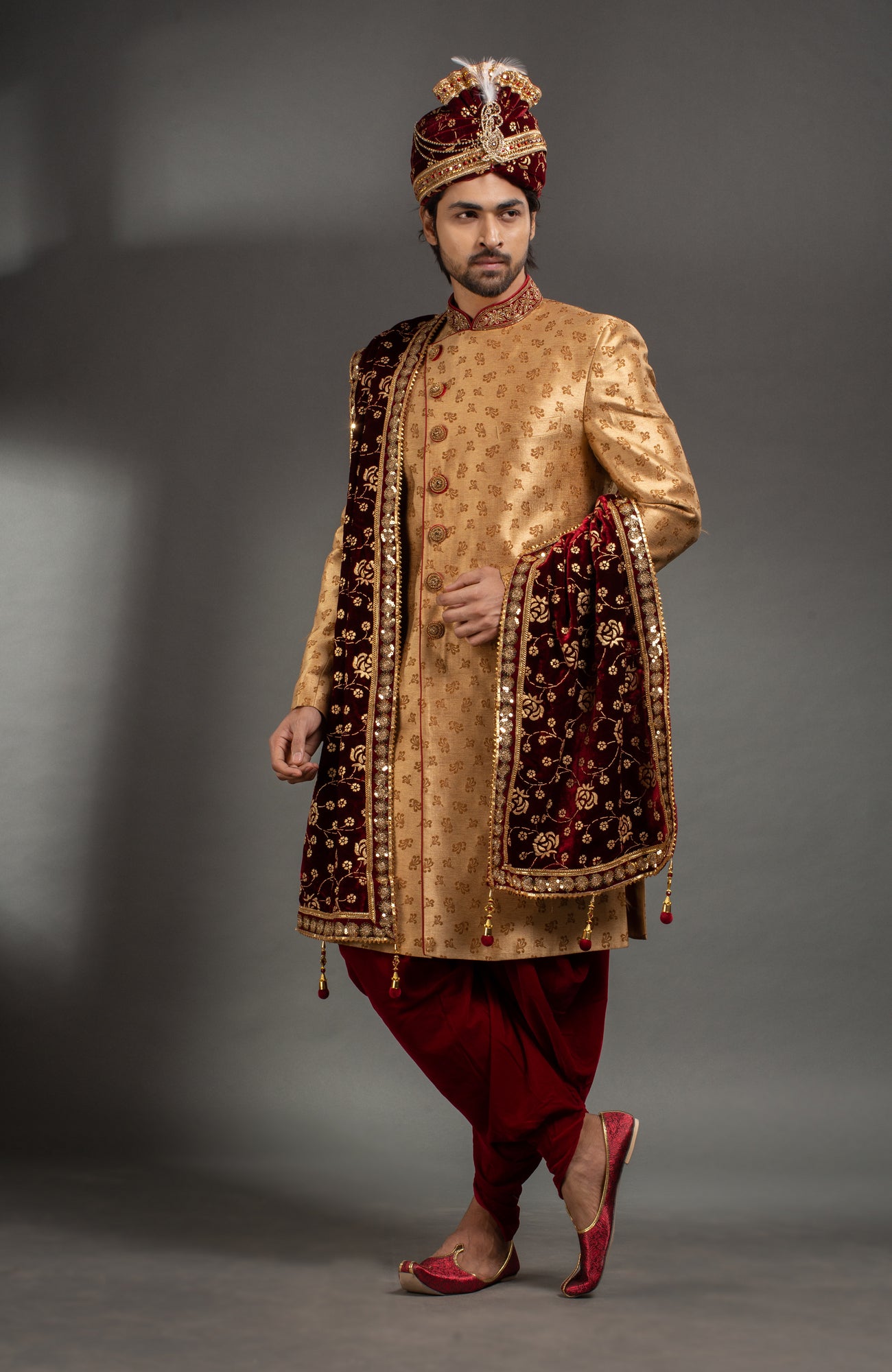 HAMSAFAR Men’s Tussar Golden Poly Jacquard Sherwani