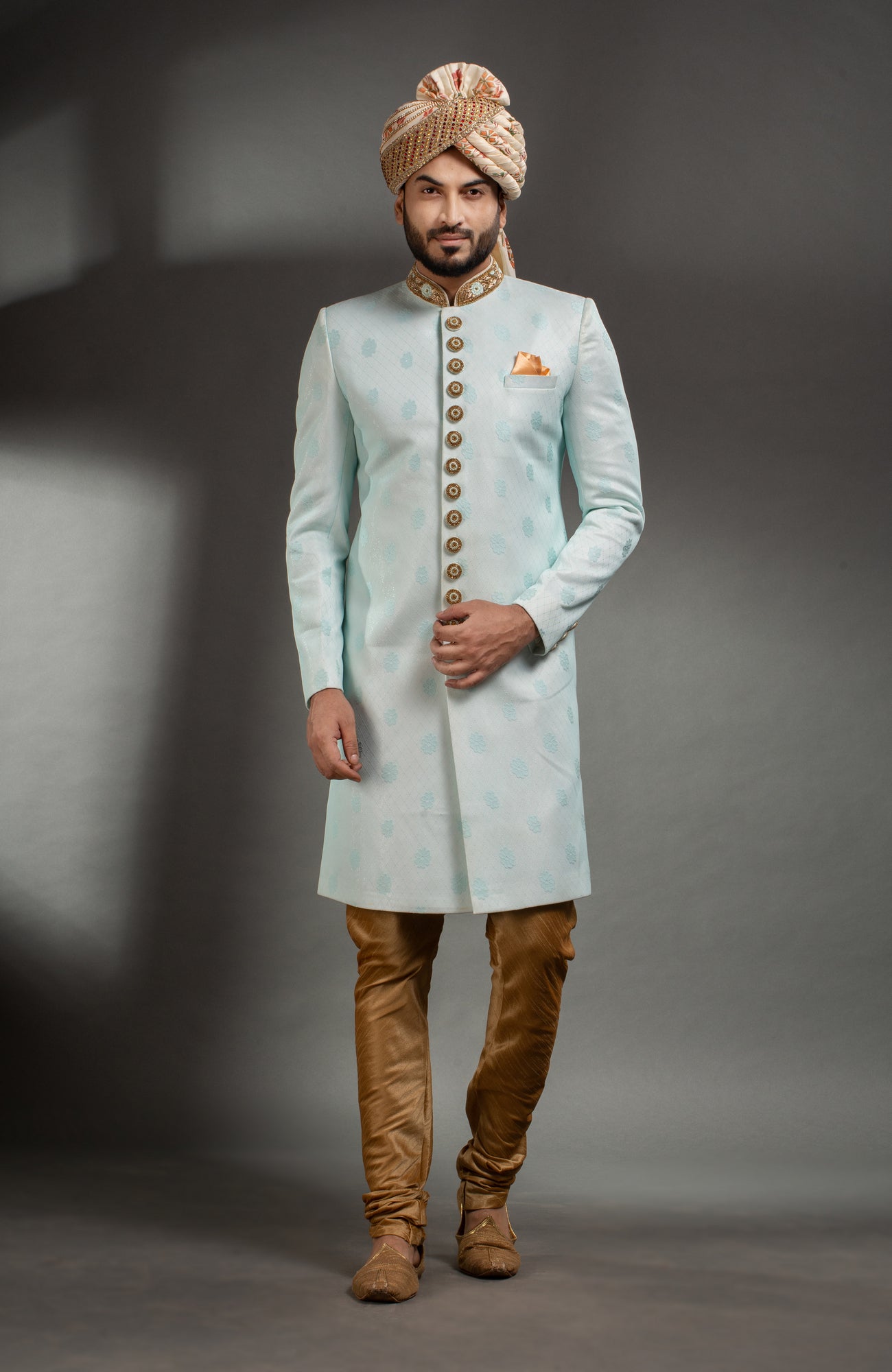 HAMSAFAR Men’s Light Blue Net Poly Jacquard Sherwani