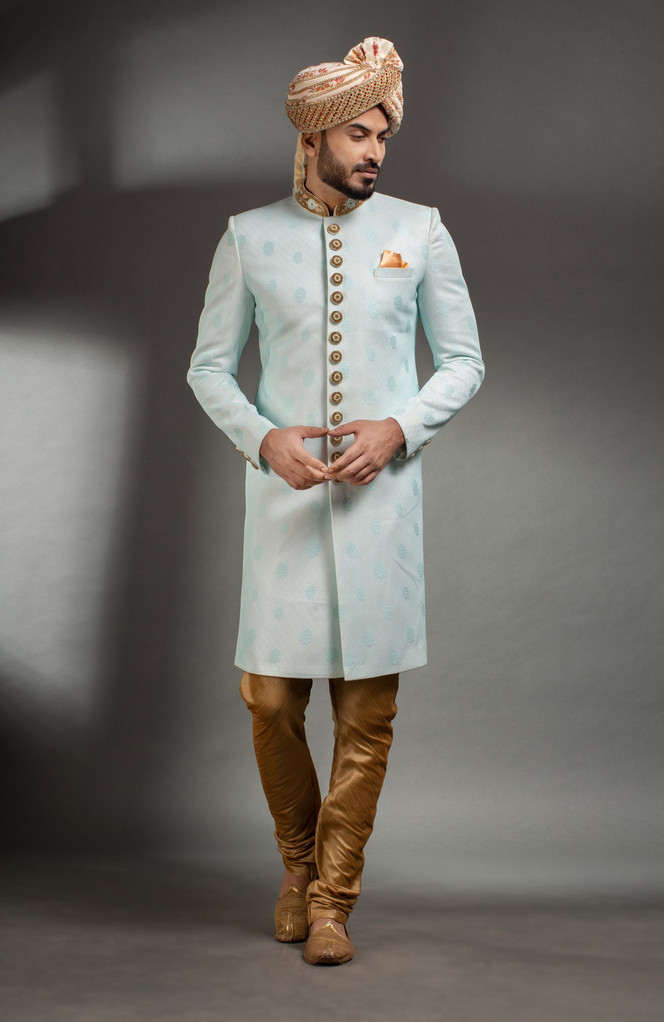 HAMSAFAR Men’s Light Blue Net Poly Jacquard Sherwani
