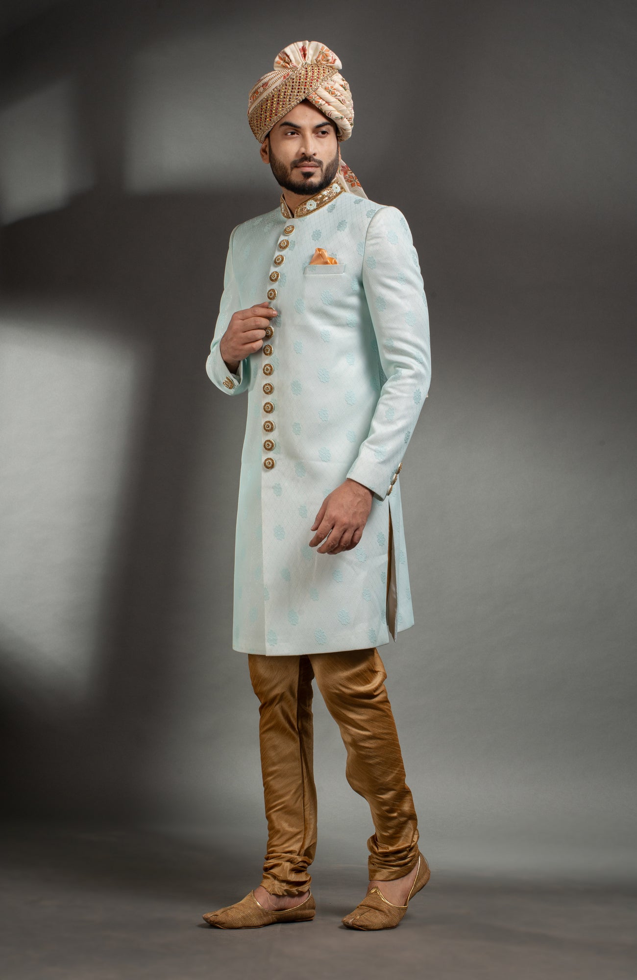 HAMSAFAR Men’s Light Blue Net Poly Jacquard Sherwani