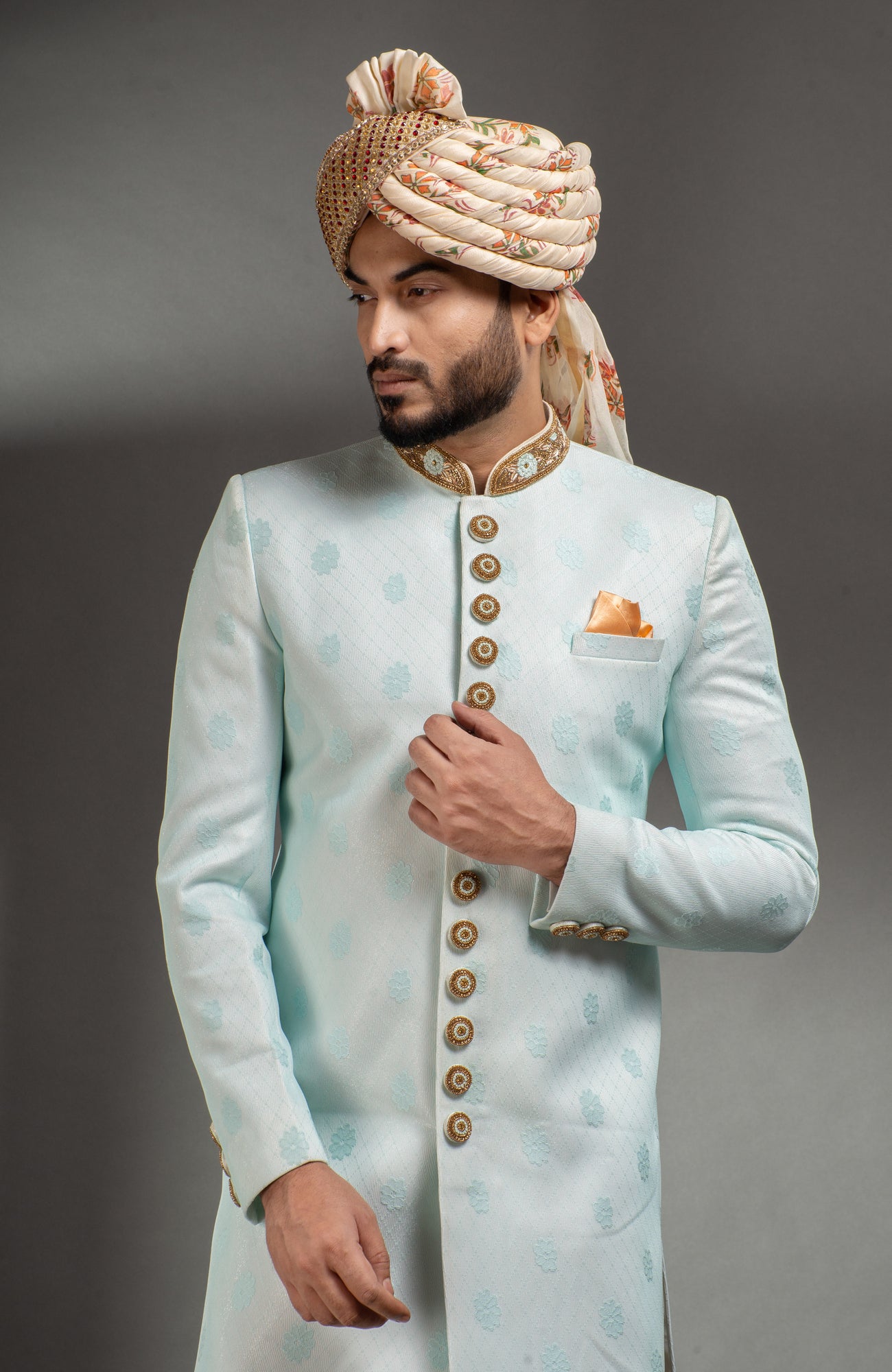 HAMSAFAR Men’s Light Blue Net Poly Jacquard Sherwani