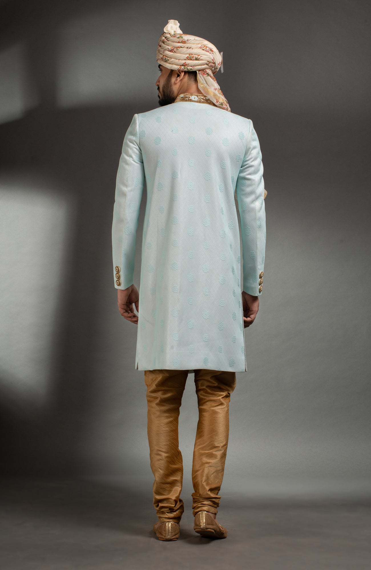 HAMSAFAR Men’s Light Blue Net Poly Jacquard Sherwani