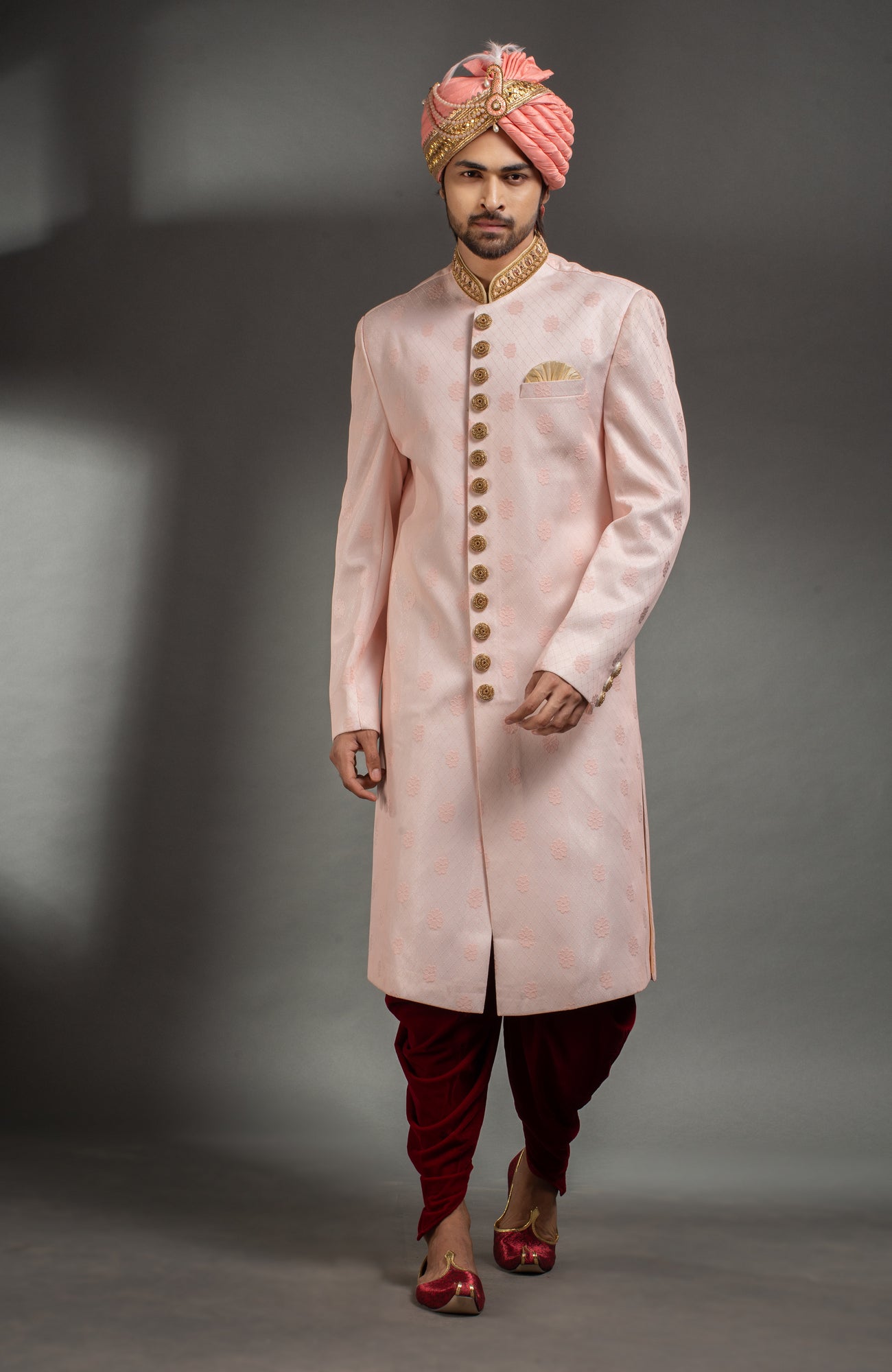 HAMSAFAR Men’s Baby Pink Net Poly Jacquard Sherwani