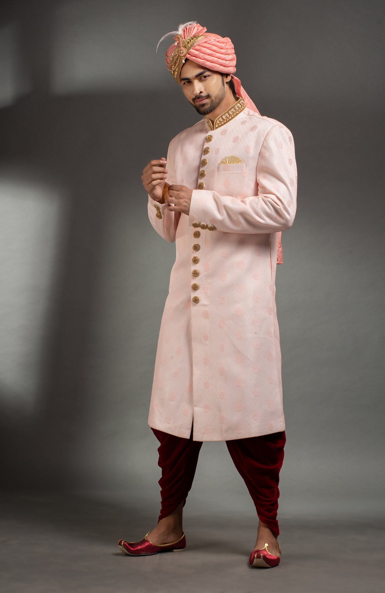 HAMSAFAR Men’s Baby Pink Net Poly Jacquard Sherwani
