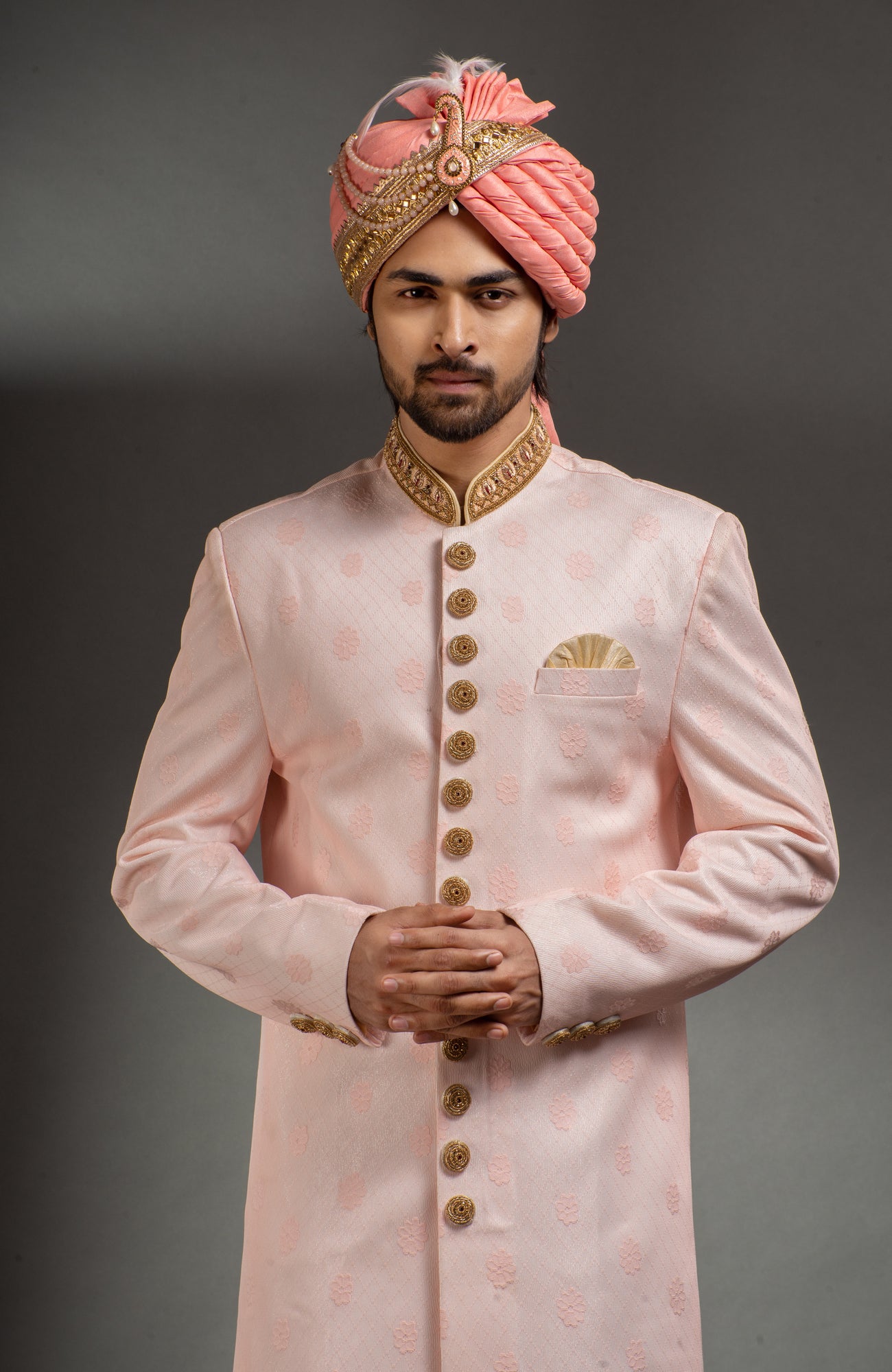 HAMSAFAR Men’s Baby Pink Net Poly Jacquard Sherwani