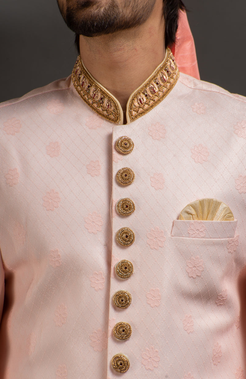 HAMSAFAR Men’s Baby Pink Net Poly Jacquard Sherwani