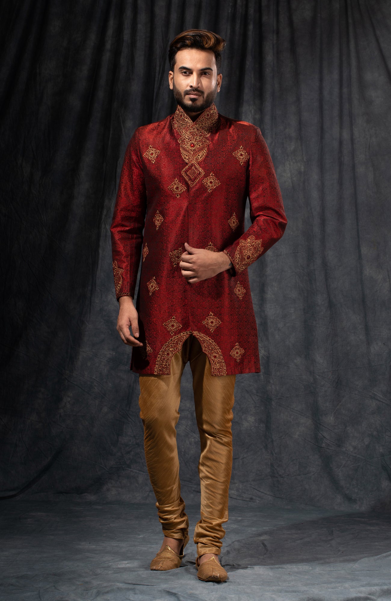 HAMSAFAR Men’s Maroon Red Staple Jacquard Sherwani