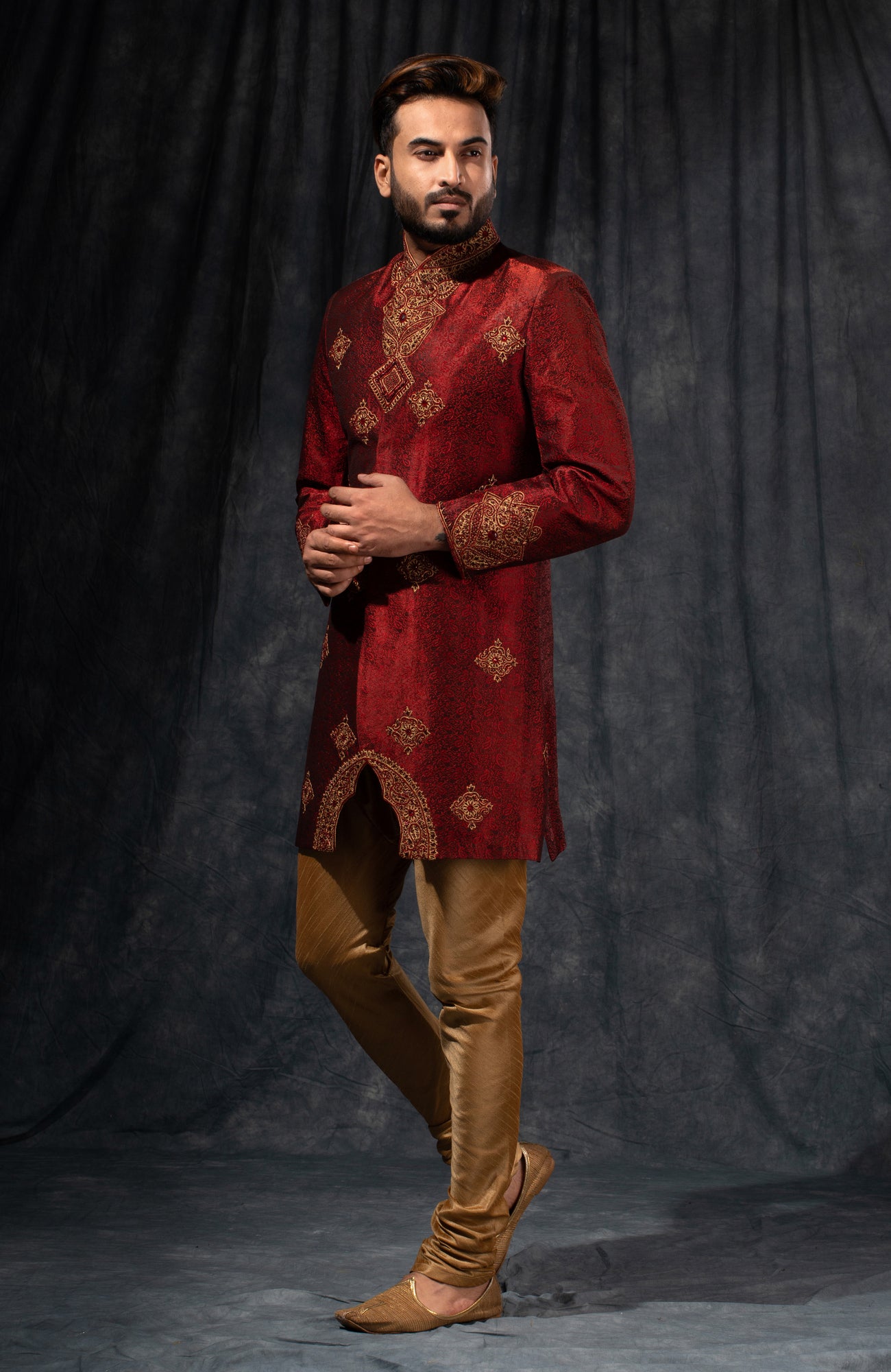 HAMSAFAR Men’s Maroon Red Staple Jacquard Sherwani