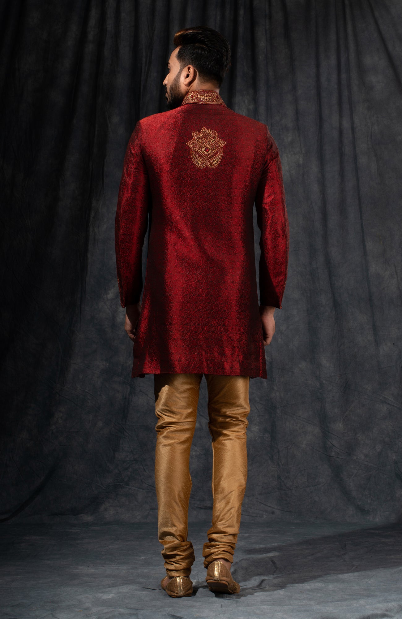 HAMSAFAR Men’s Maroon Red Staple Jacquard Sherwani
