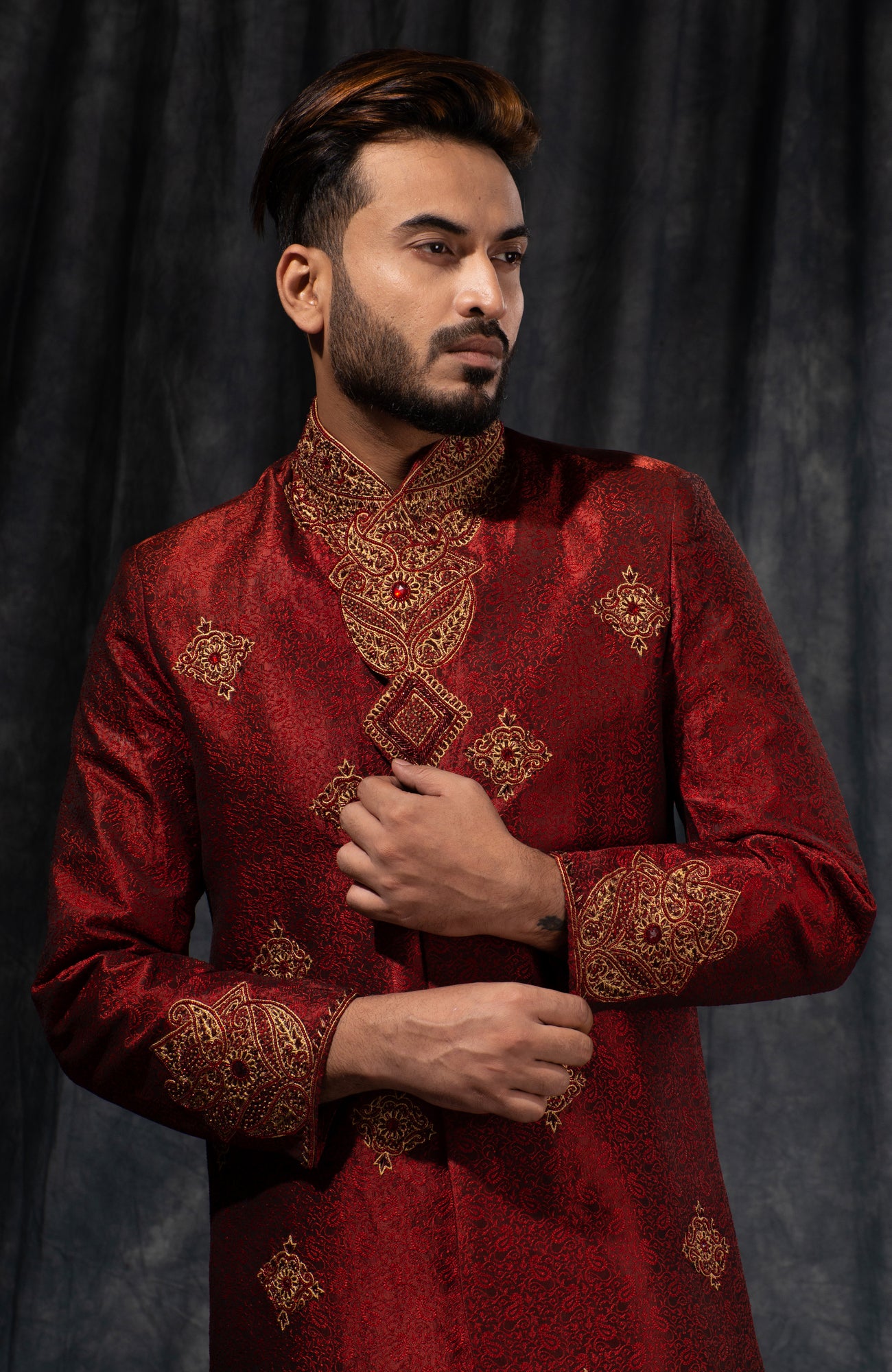 HAMSAFAR Men’s Maroon Red Staple Jacquard Sherwani