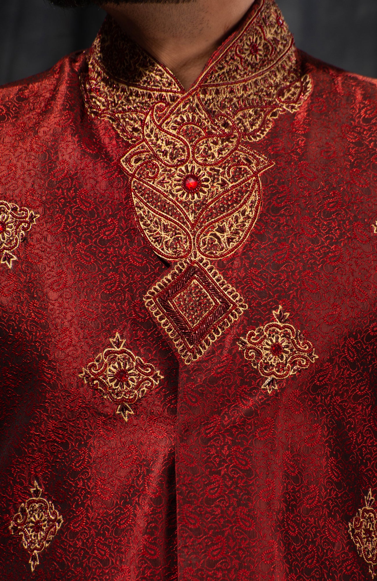 HAMSAFAR Men’s Maroon Red Staple Jacquard Sherwani