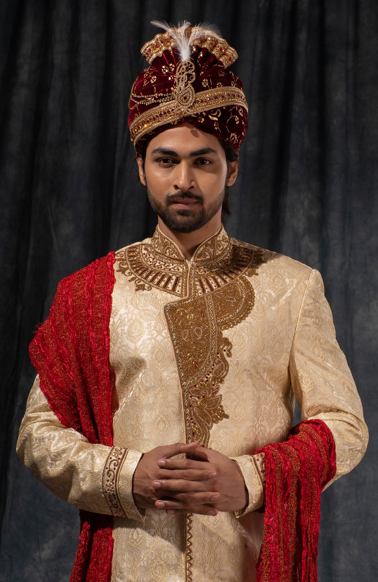 HAMSAFAR Men’s Cream Golden Zari Sherwani