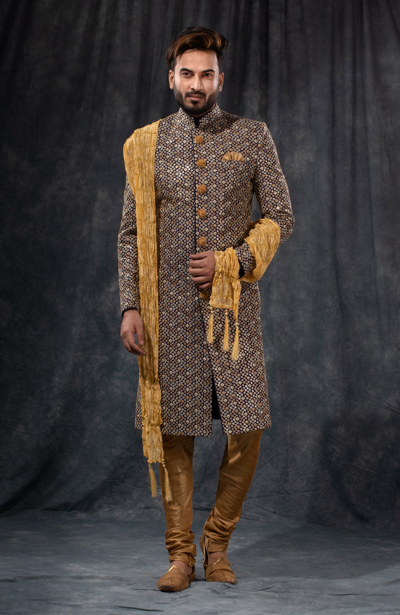 HAMSAFAR Men’s Grey & Dark Brown Printed Staple Cotton Sherwani