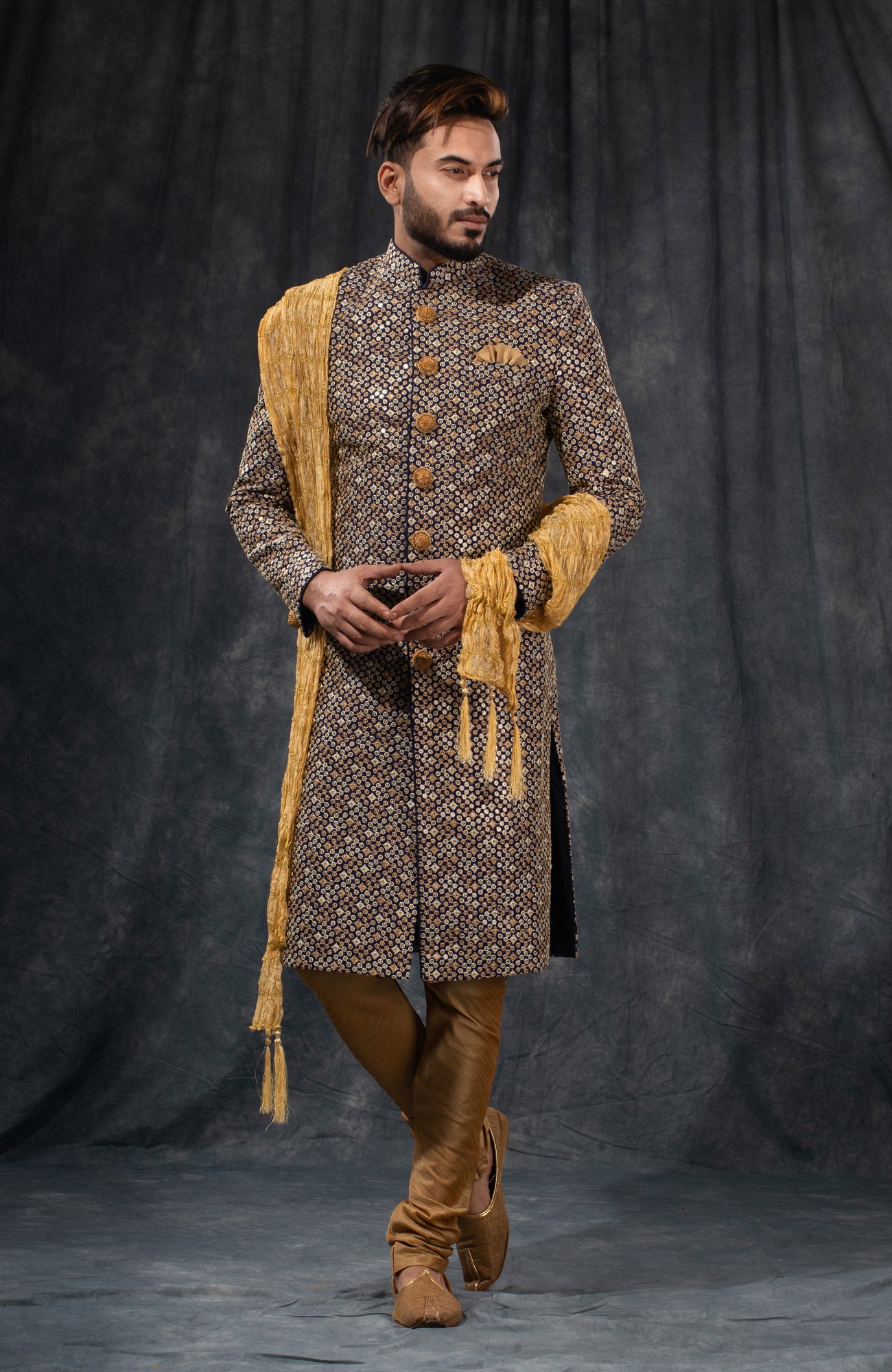 HAMSAFAR Men’s Grey & Dark Brown Printed Staple Cotton Sherwani