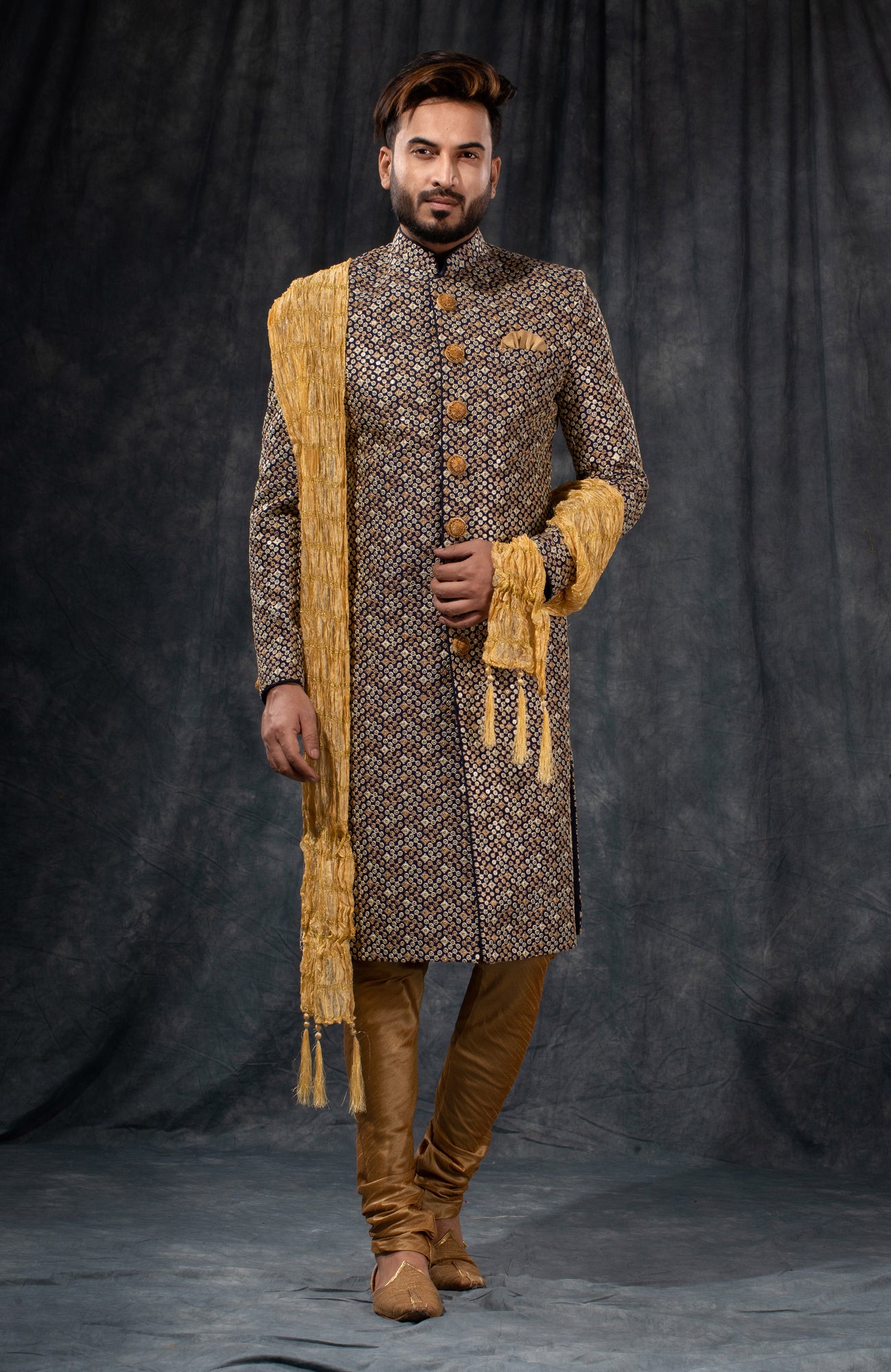 HAMSAFAR Men’s Grey & Dark Brown Printed Staple Cotton Sherwani