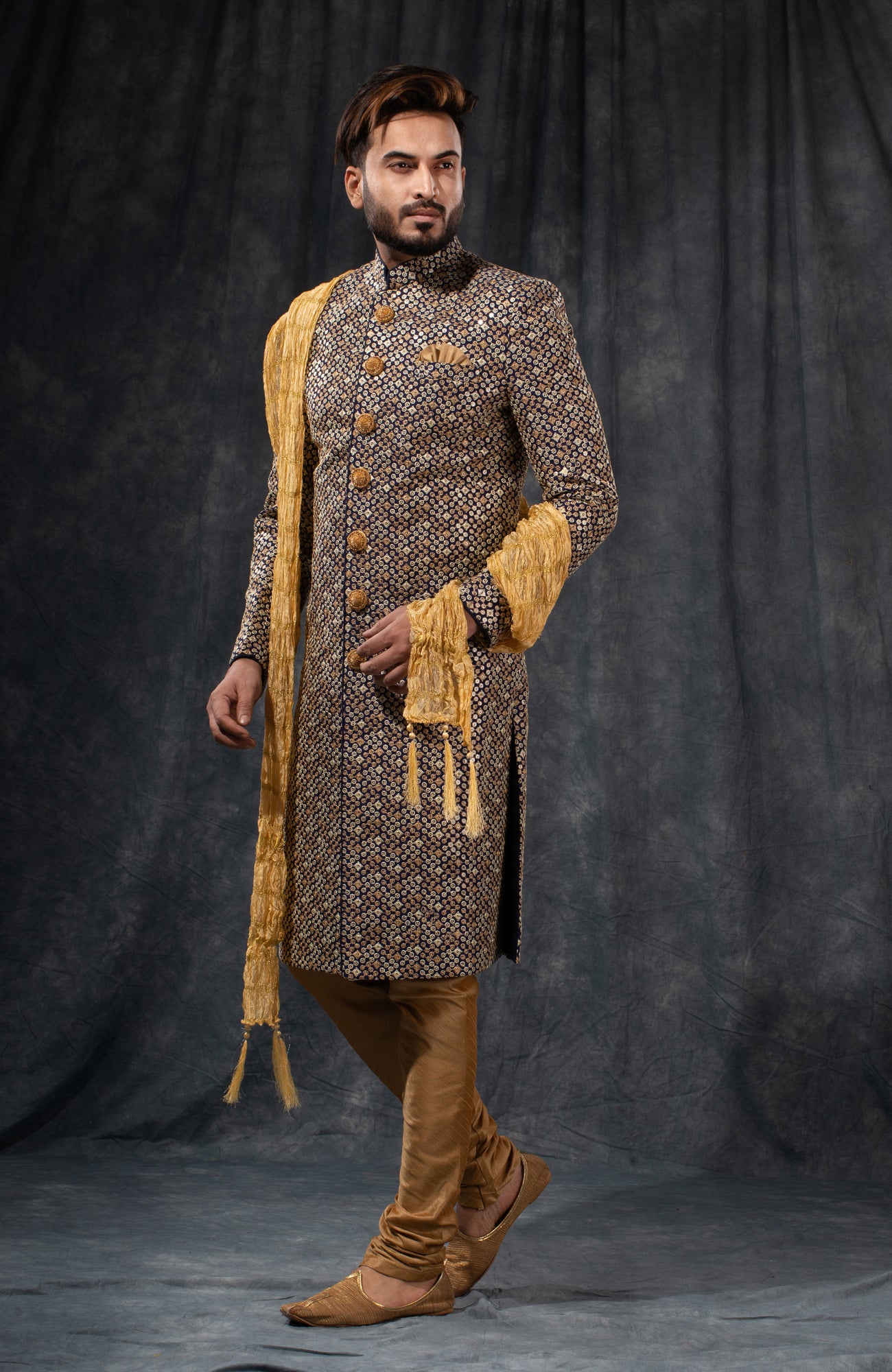 HAMSAFAR Men’s Grey & Dark Brown Printed Staple Cotton Sherwani