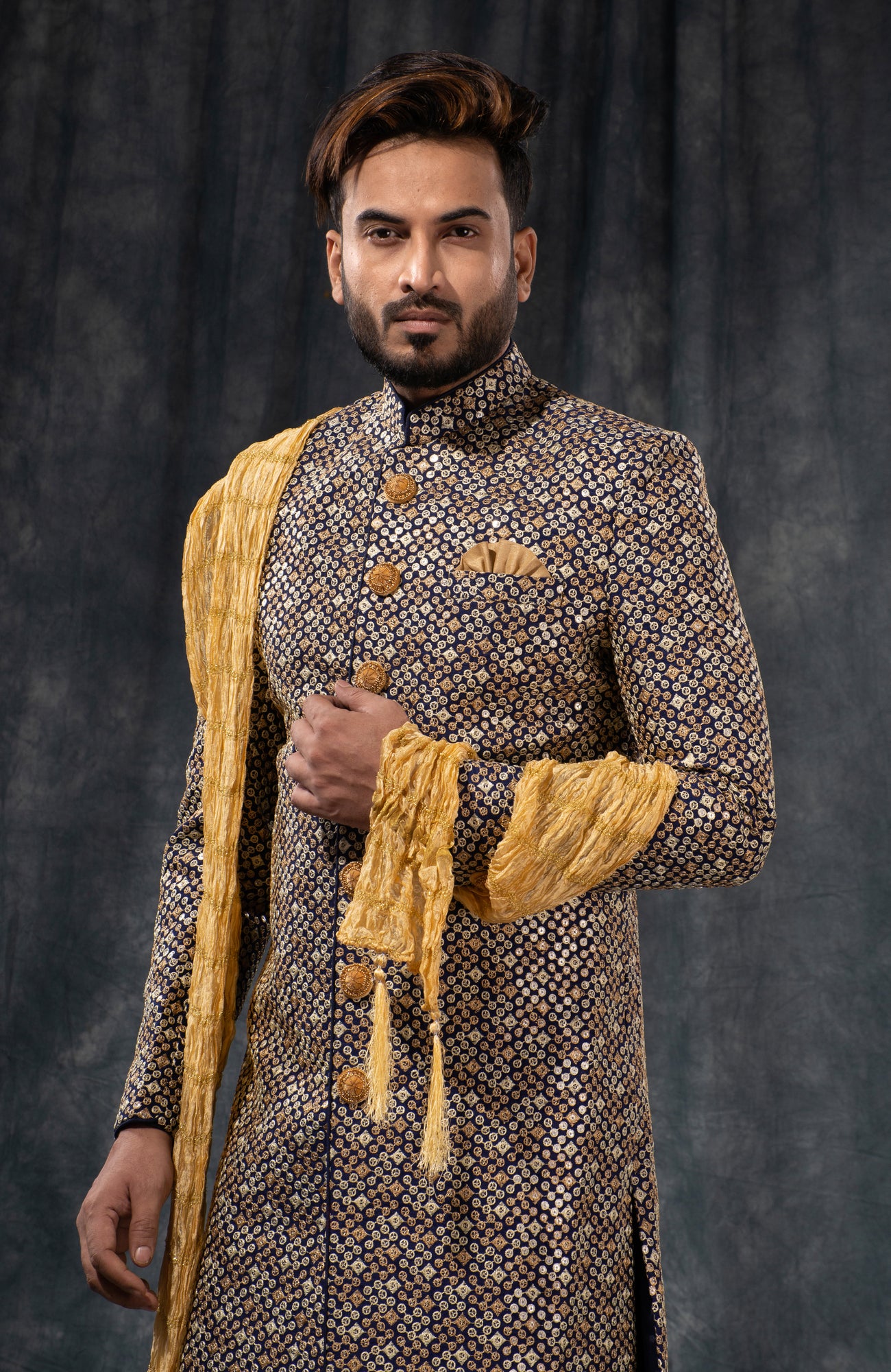 HAMSAFAR Men’s Grey & Dark Brown Printed Staple Cotton Sherwani