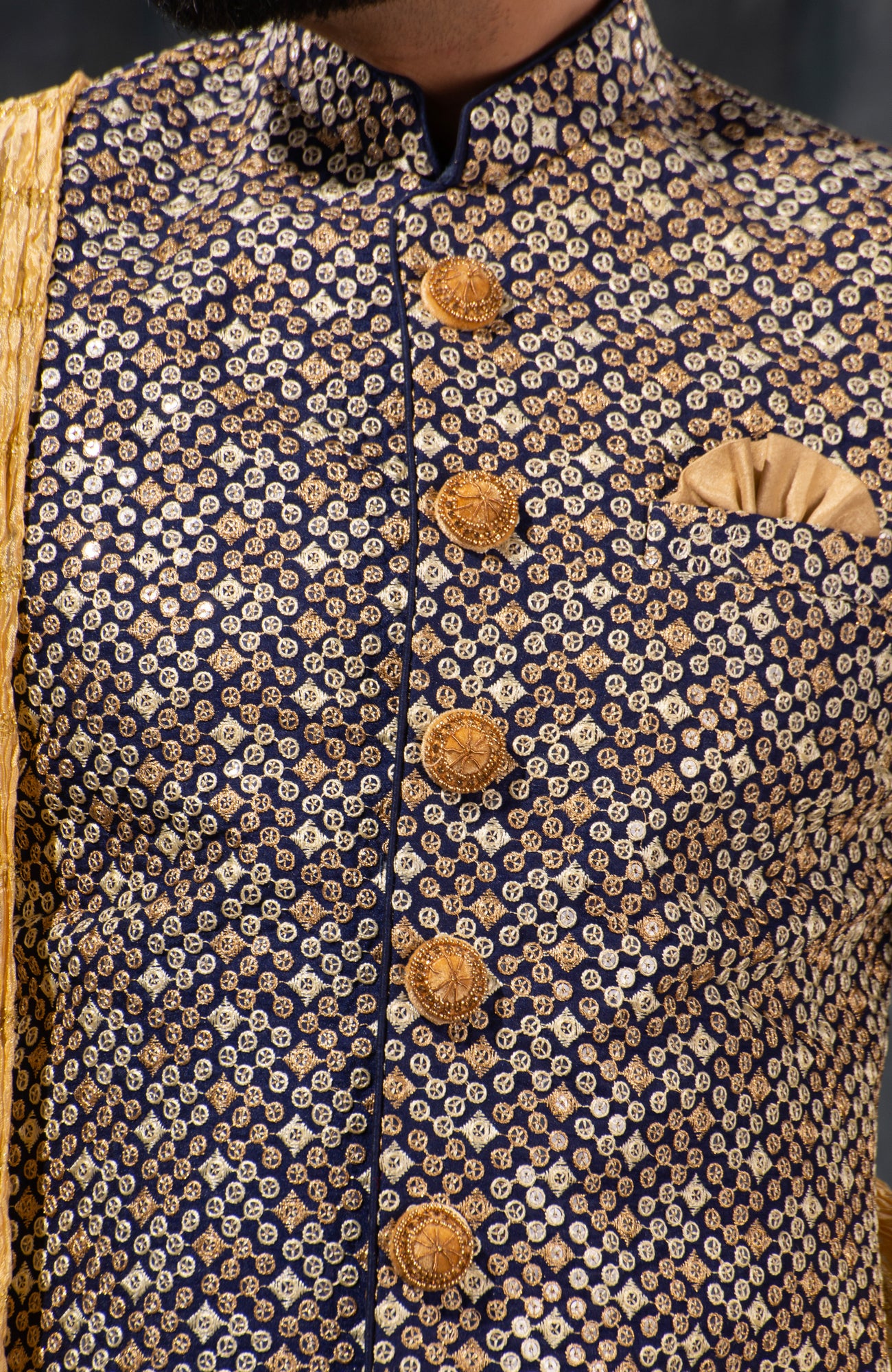 HAMSAFAR Men’s Grey & Dark Brown Printed Staple Cotton Sherwani