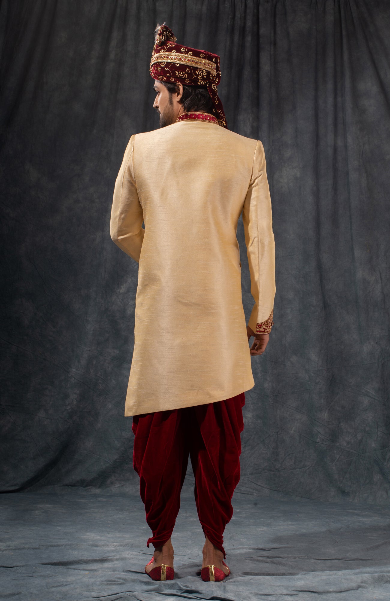 HAMSAFAR Men’s Golden Dupion Hand Zari Work Sherwani