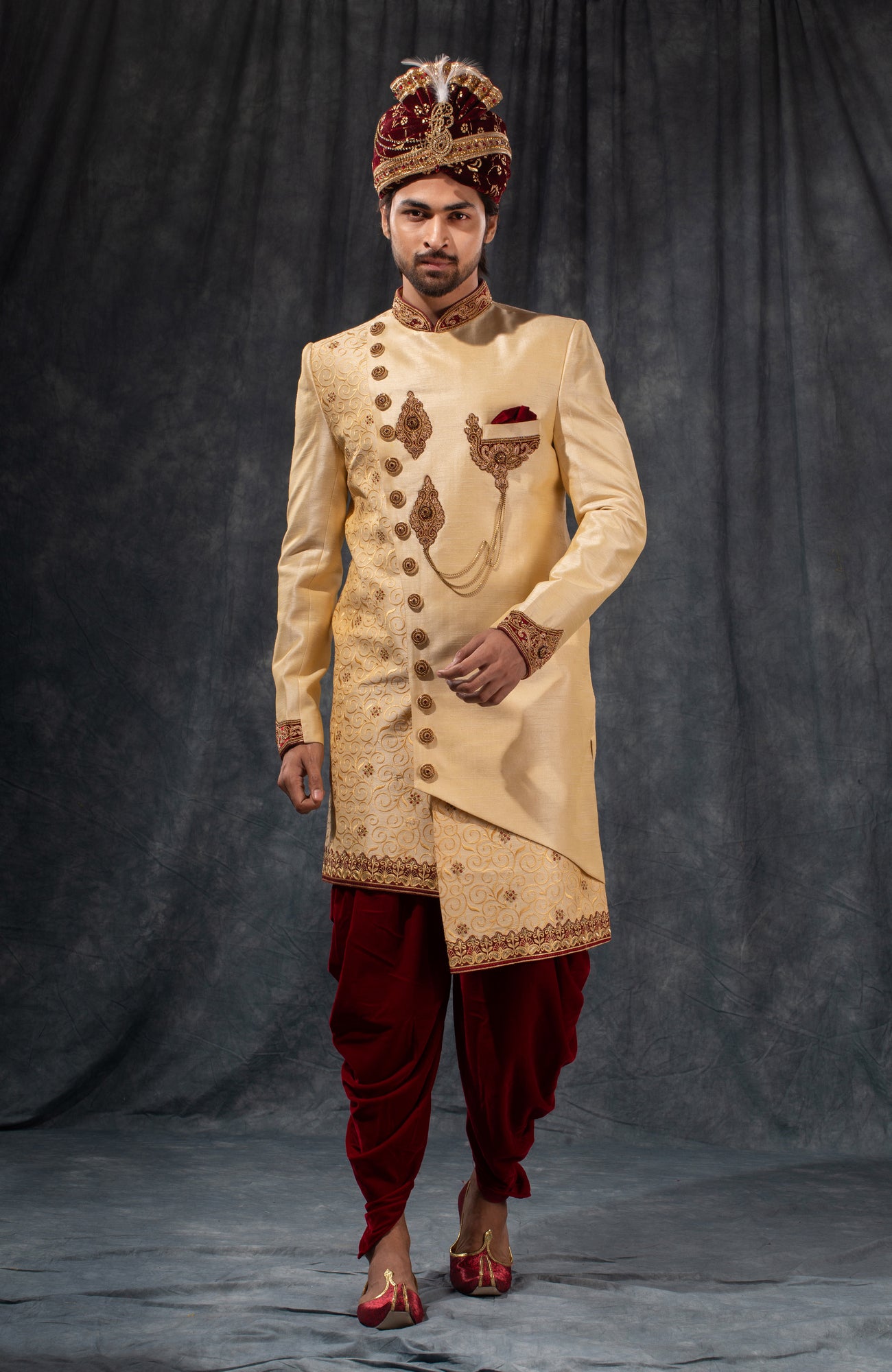 HAMSAFAR Men’s Golden Dupion Hand Zari Work Sherwani