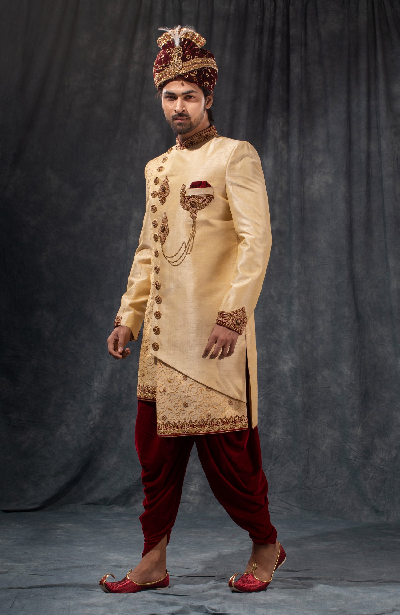 HAMSAFAR Men’s Golden Dupion Hand Zari Work Sherwani
