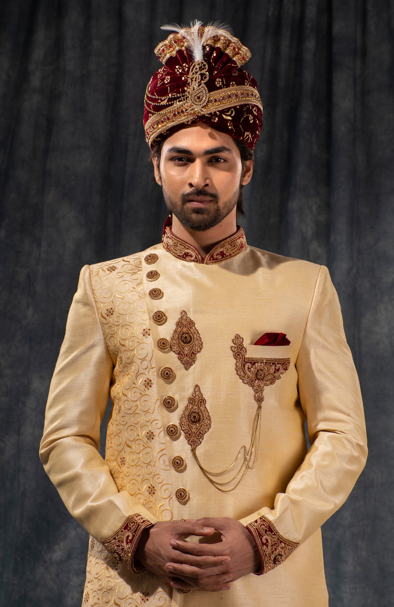 HAMSAFAR Men’s Golden Dupion Hand Zari Work Sherwani
