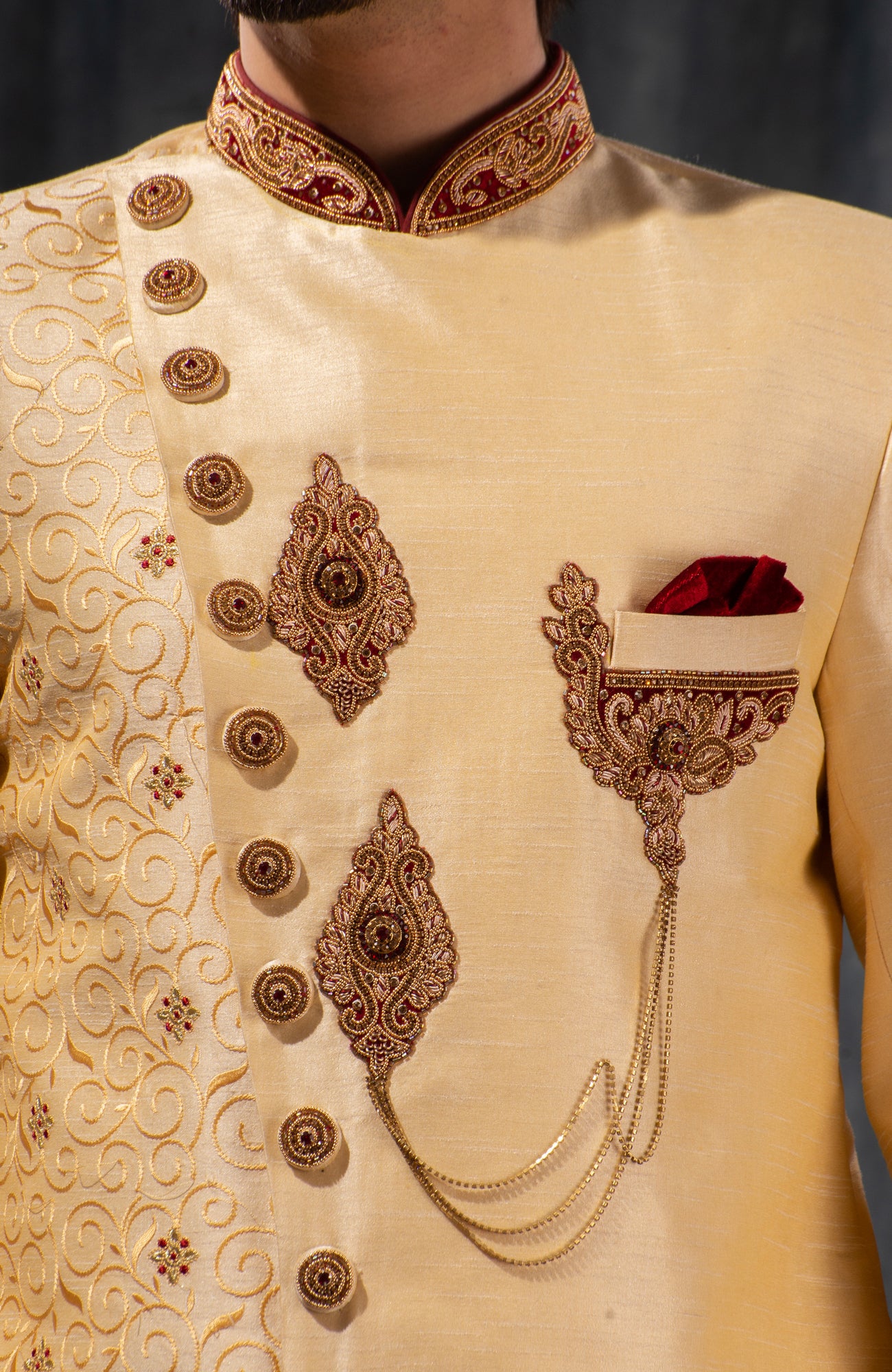 HAMSAFAR Men’s Golden Dupion Hand Zari Work Sherwani
