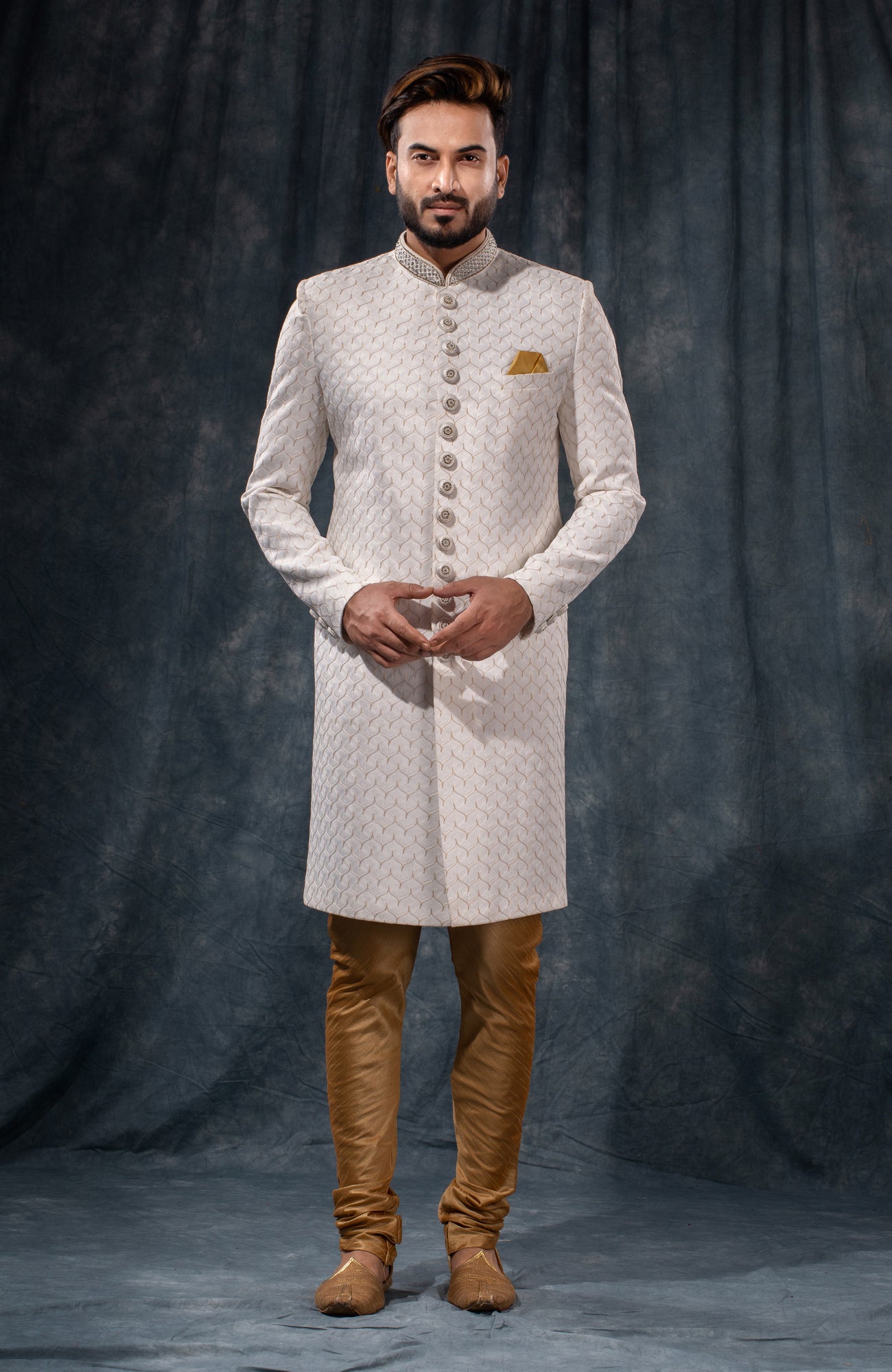 HAMSAFAR Men’s White Net Poly Viscose Sherwani