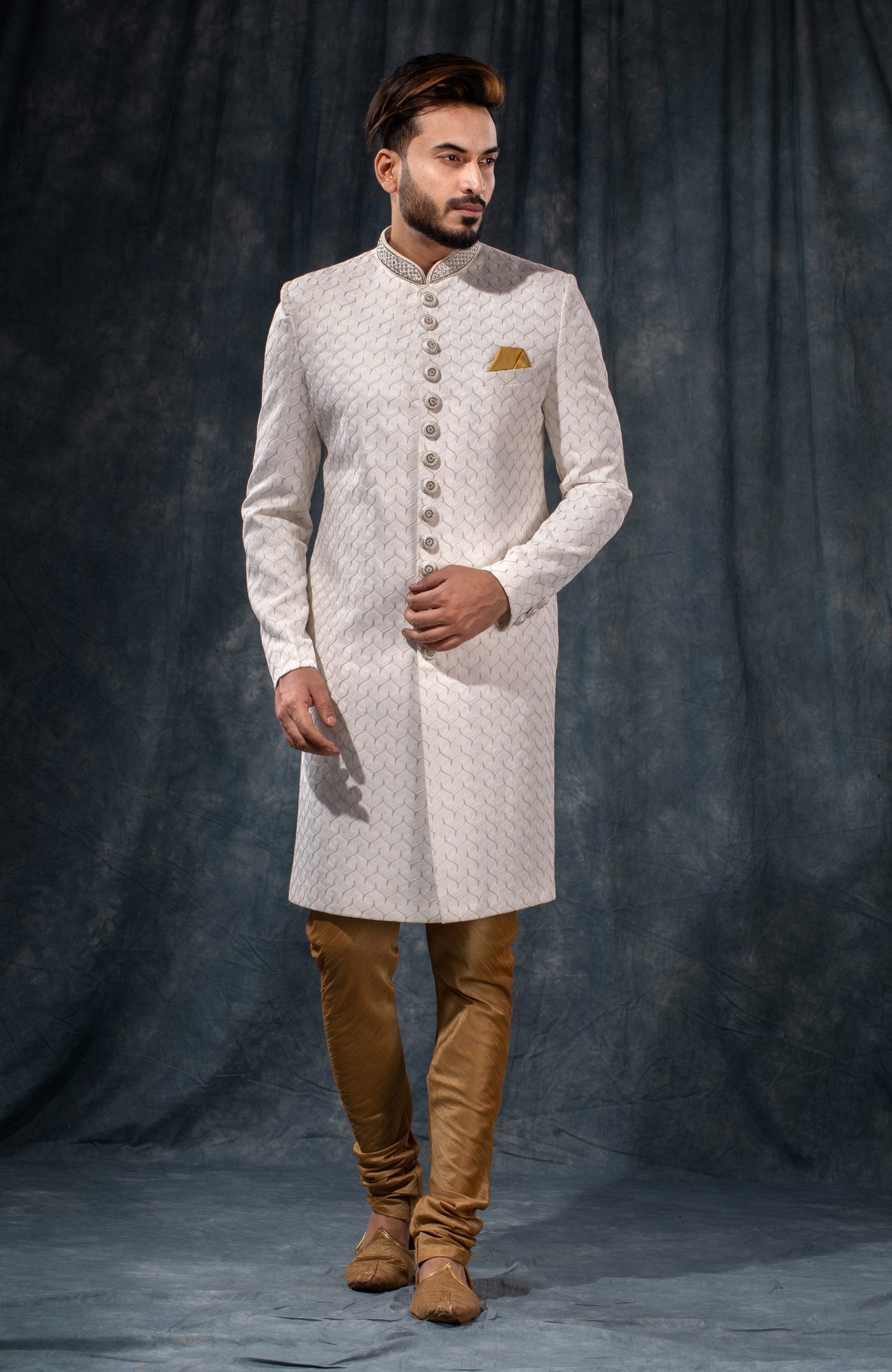 HAMSAFAR Men’s White Net Poly Viscose Sherwani