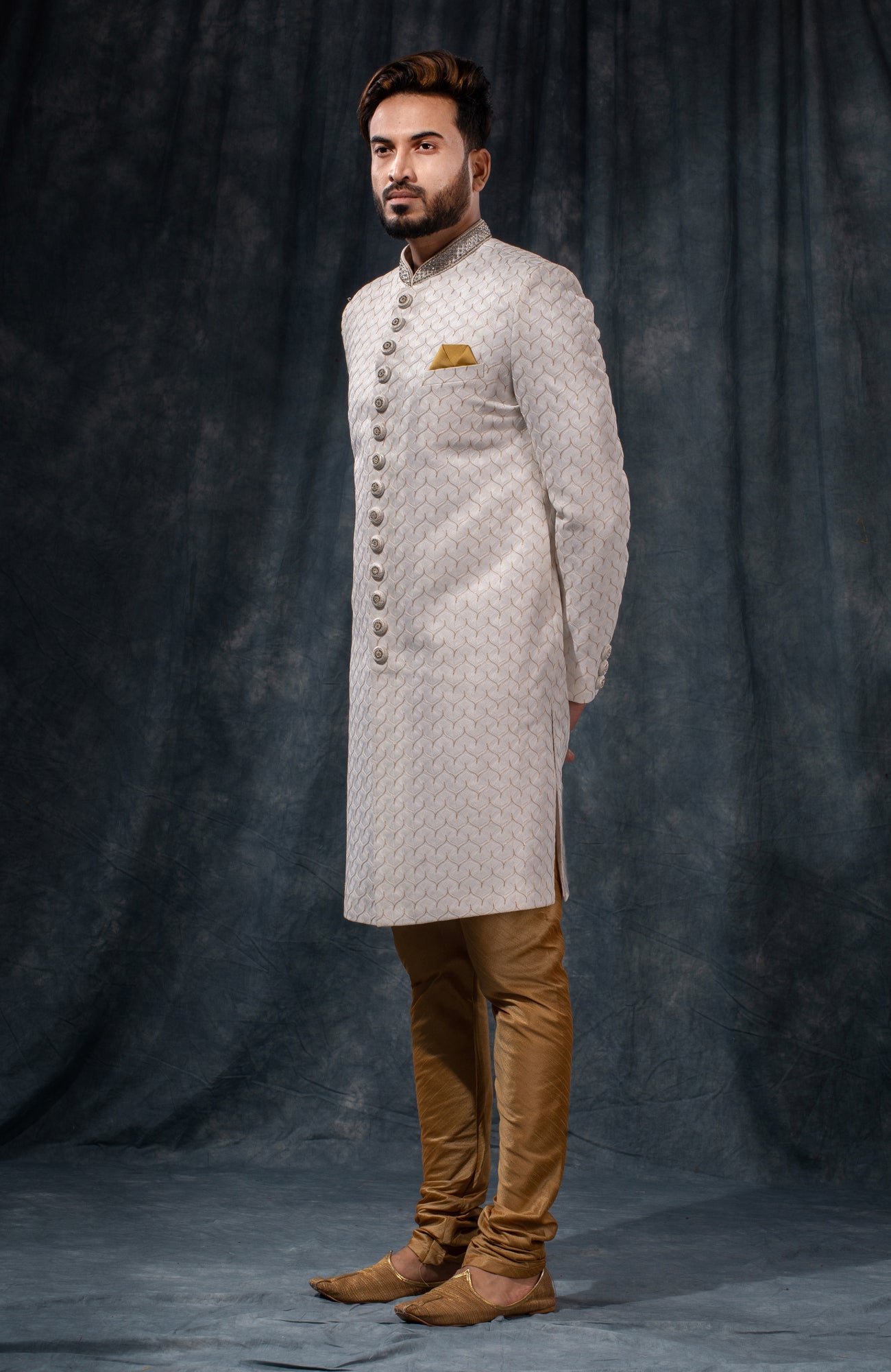 HAMSAFAR Men’s White Net Poly Viscose Sherwani