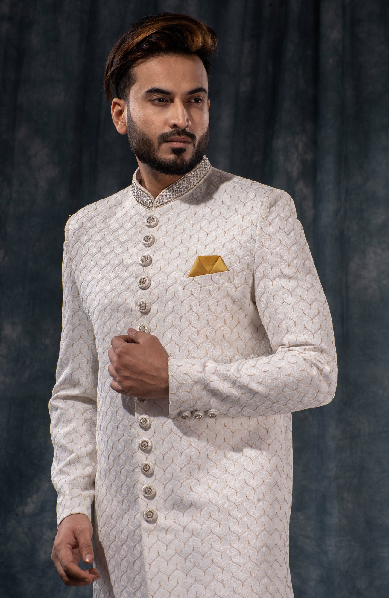 HAMSAFAR Men’s White Net Poly Viscose Sherwani